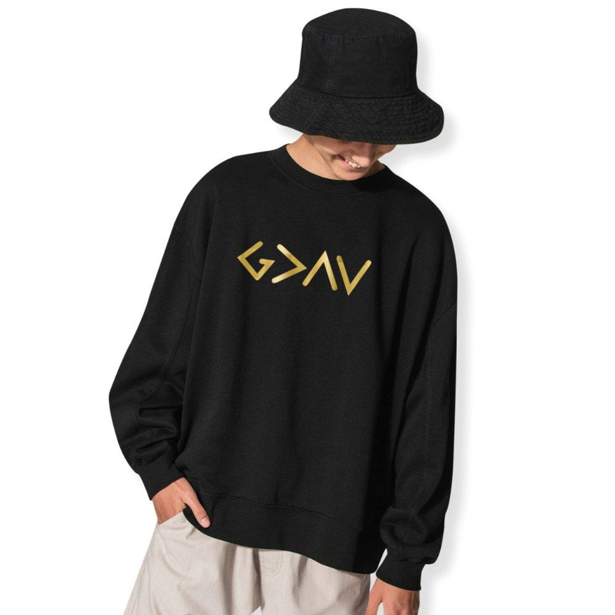 God is Greater Gold Lettering Men's Fleece Unisex - Fit - Black - Jesus Passion Apparel