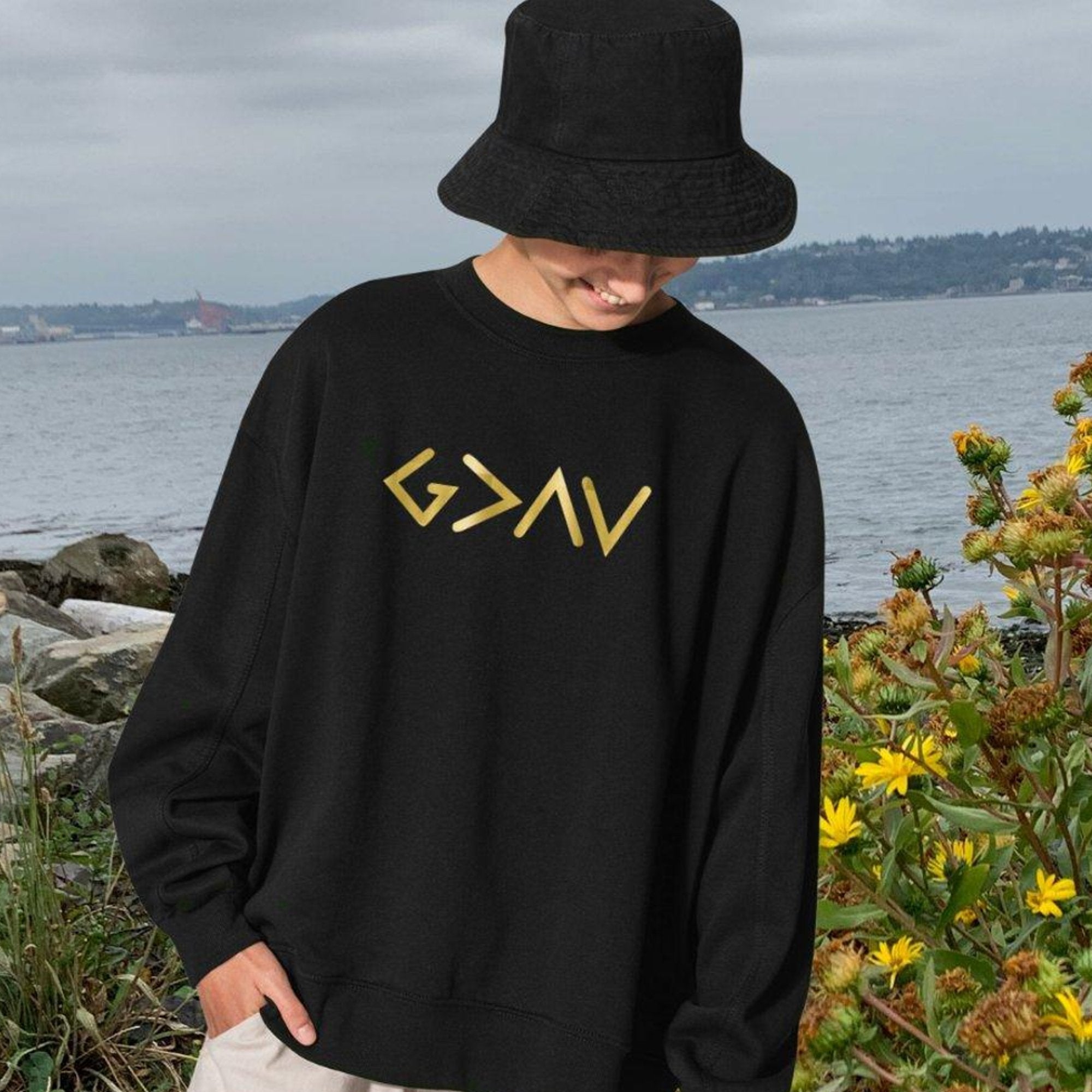 God is Greater Gold Lettering Men's Fleece Unisex - Fit - Black - Jesus Passion Apparel