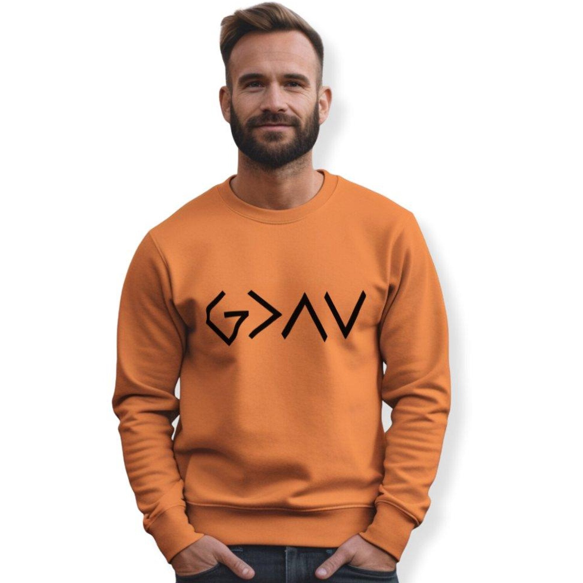 God is Greater Unisex Fleece Sweatshirt - Orange - Jesus Passion Apparel