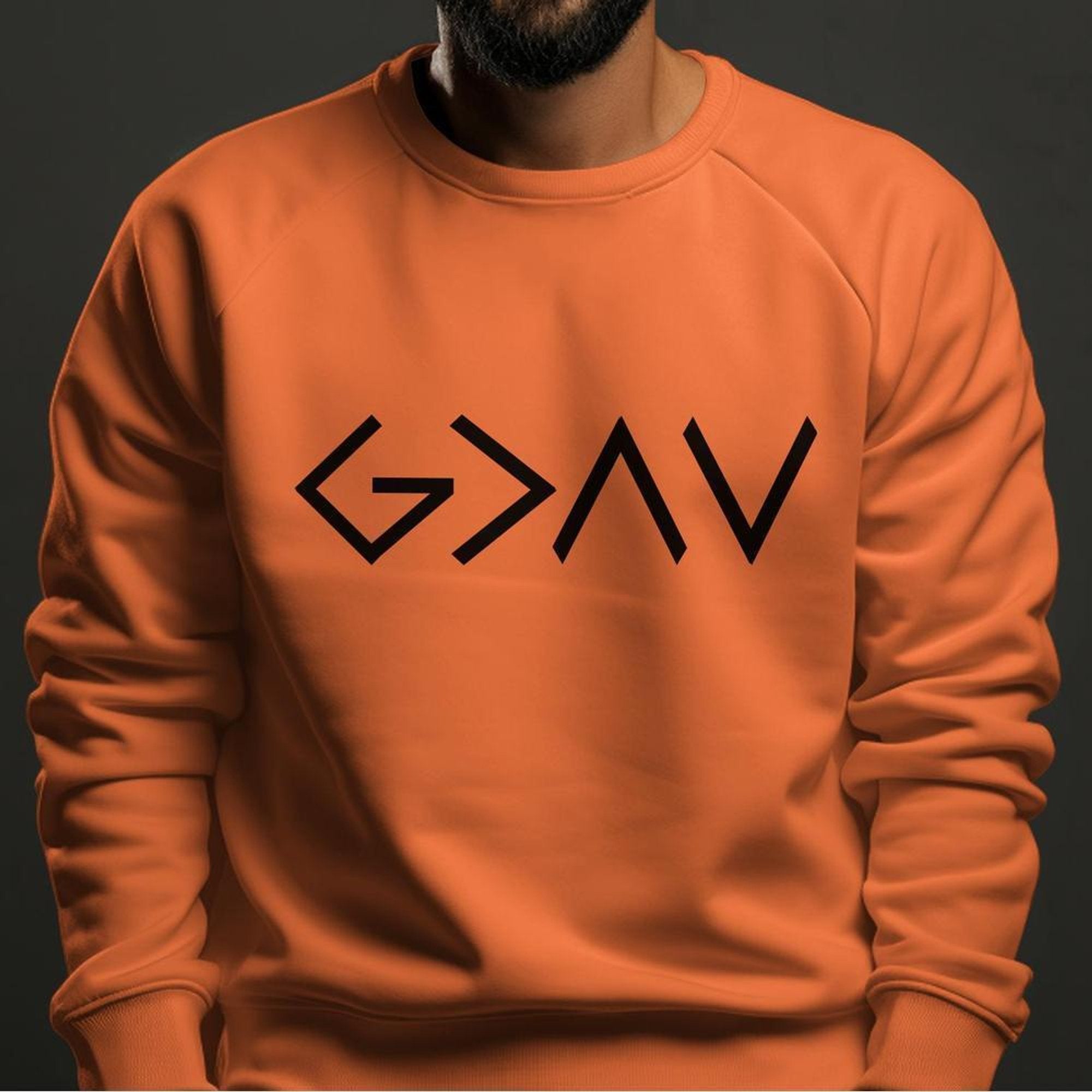 God is Greater Unisex Fleece Sweatshirt - Orange - Jesus Passion Apparel