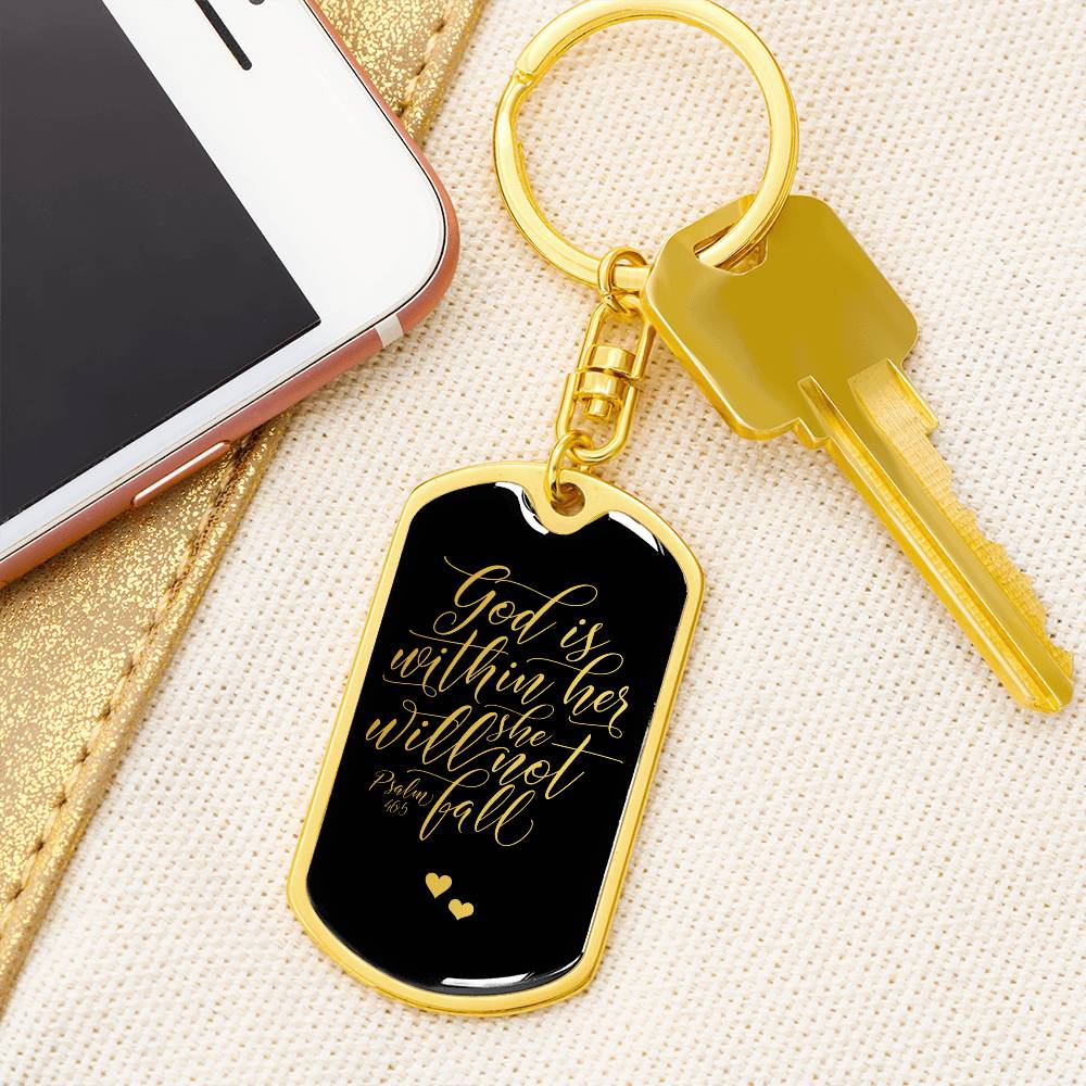 God is Within Her - Gold Dog Tag with Swivel Keychain - Jesus Passion Apparel