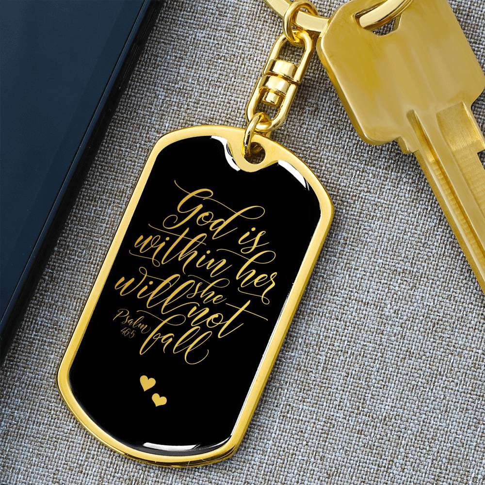 God is Within Her - Gold Dog Tag with Swivel Keychain - Jesus Passion Apparel