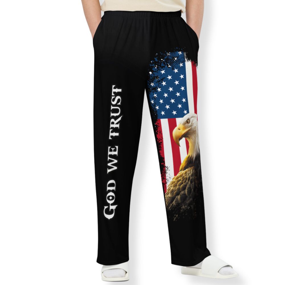 God We Trust Patriotic Eagle Men's Wide-Leg Pants with Matching Hoodie Available Size: 2XS Jesus Passion Apparel