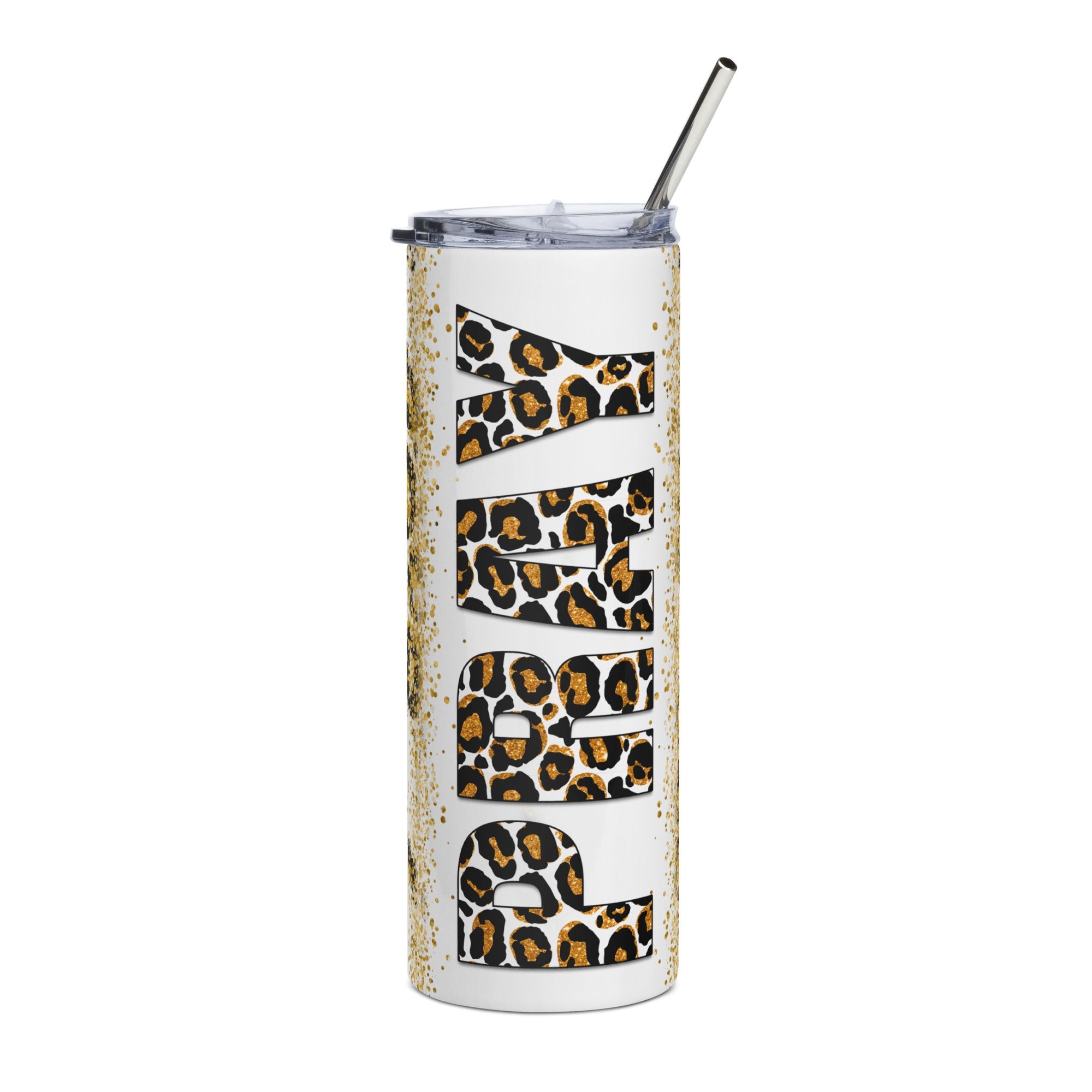 Golden Yellow Pray Leopard Print Tumbler 20 oz - Stainless Steel Straw - Jesus Passion Apparel