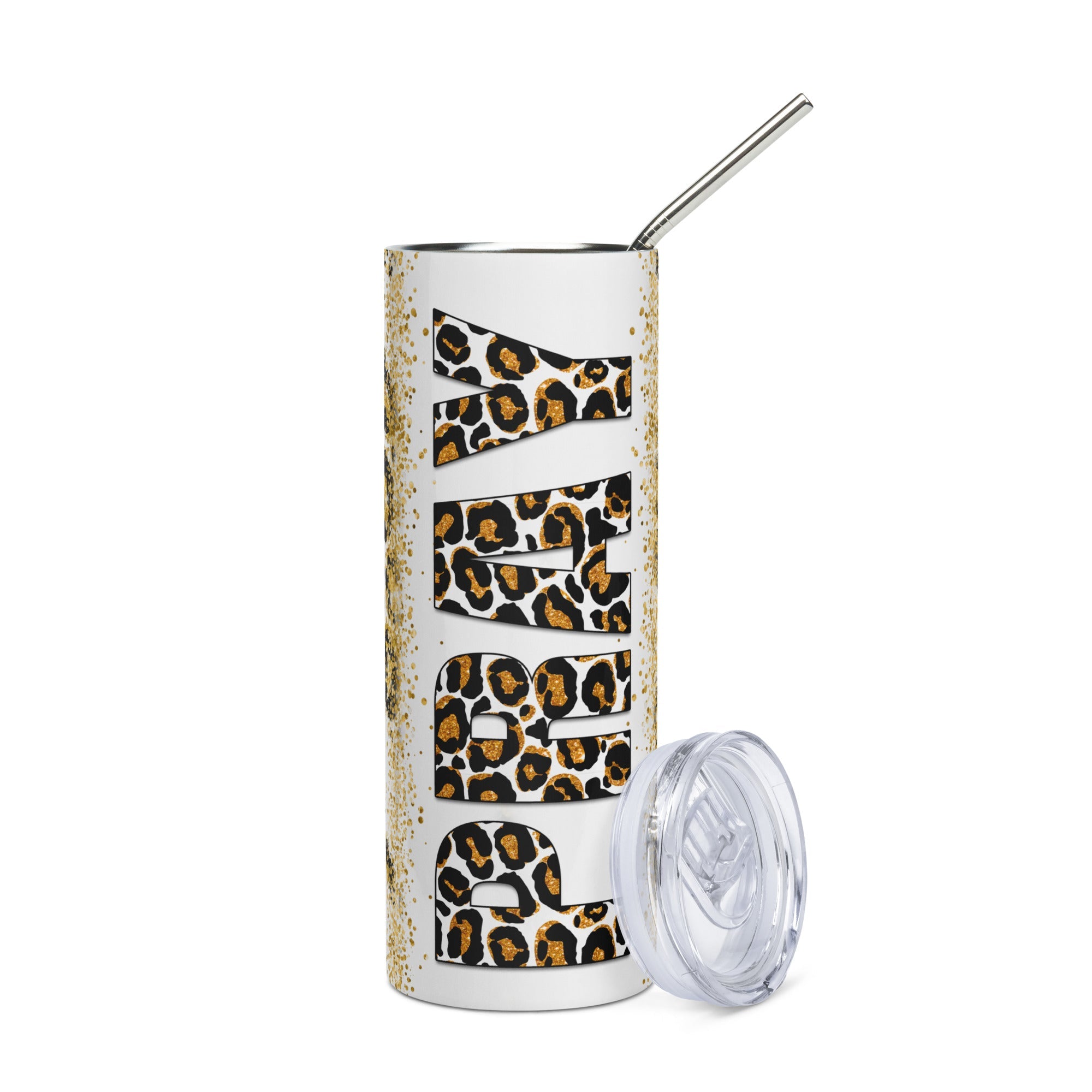 Golden Yellow Pray Leopard Print Tumbler 20 oz - Stainless Steel Straw - Jesus Passion Apparel