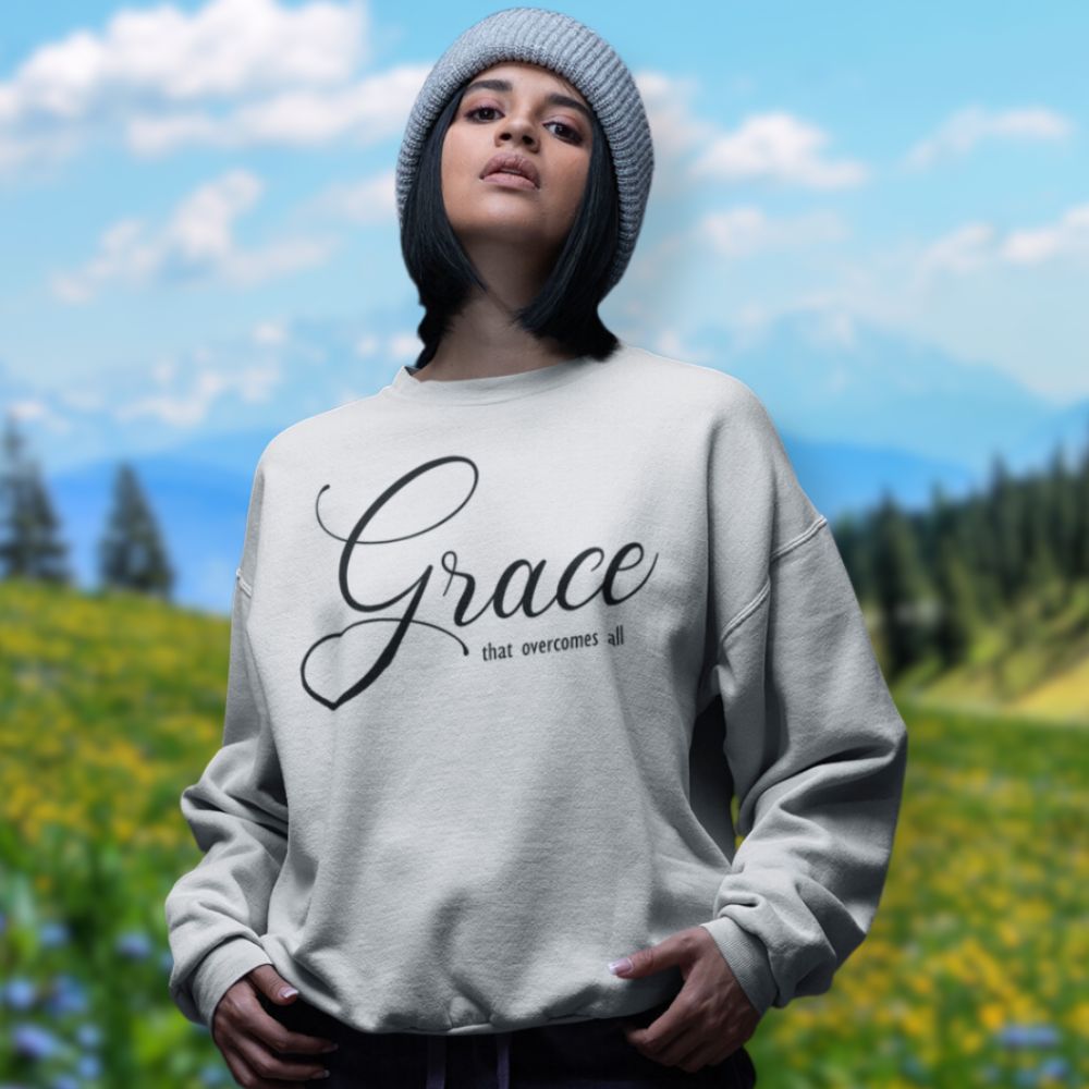 Grace Overcomes All Women's Fleece Unisex - Fit Sweatshirt Sport Grey / White - Jesus Passion Apparel