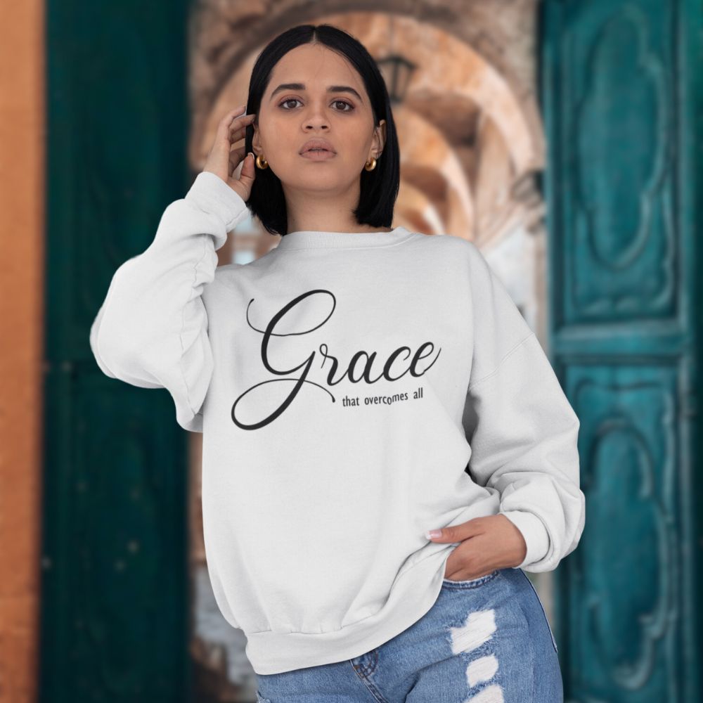 Grace Overcomes All Women's Fleece Unisex - Fit Sweatshirt Sport Grey / White - Jesus Passion Apparel