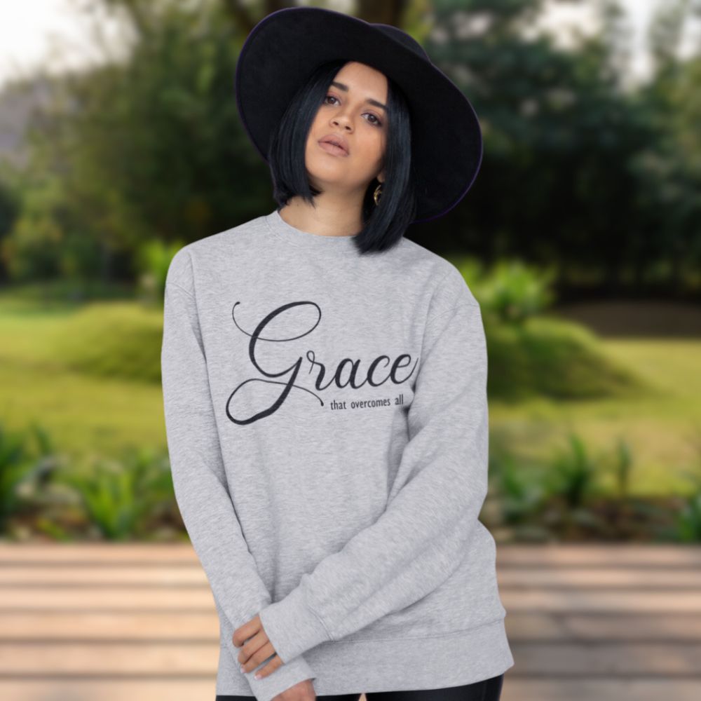 Grace Overcomes All Women's Fleece Unisex - Fit Sweatshirt Sport Grey / White - Jesus Passion Apparel