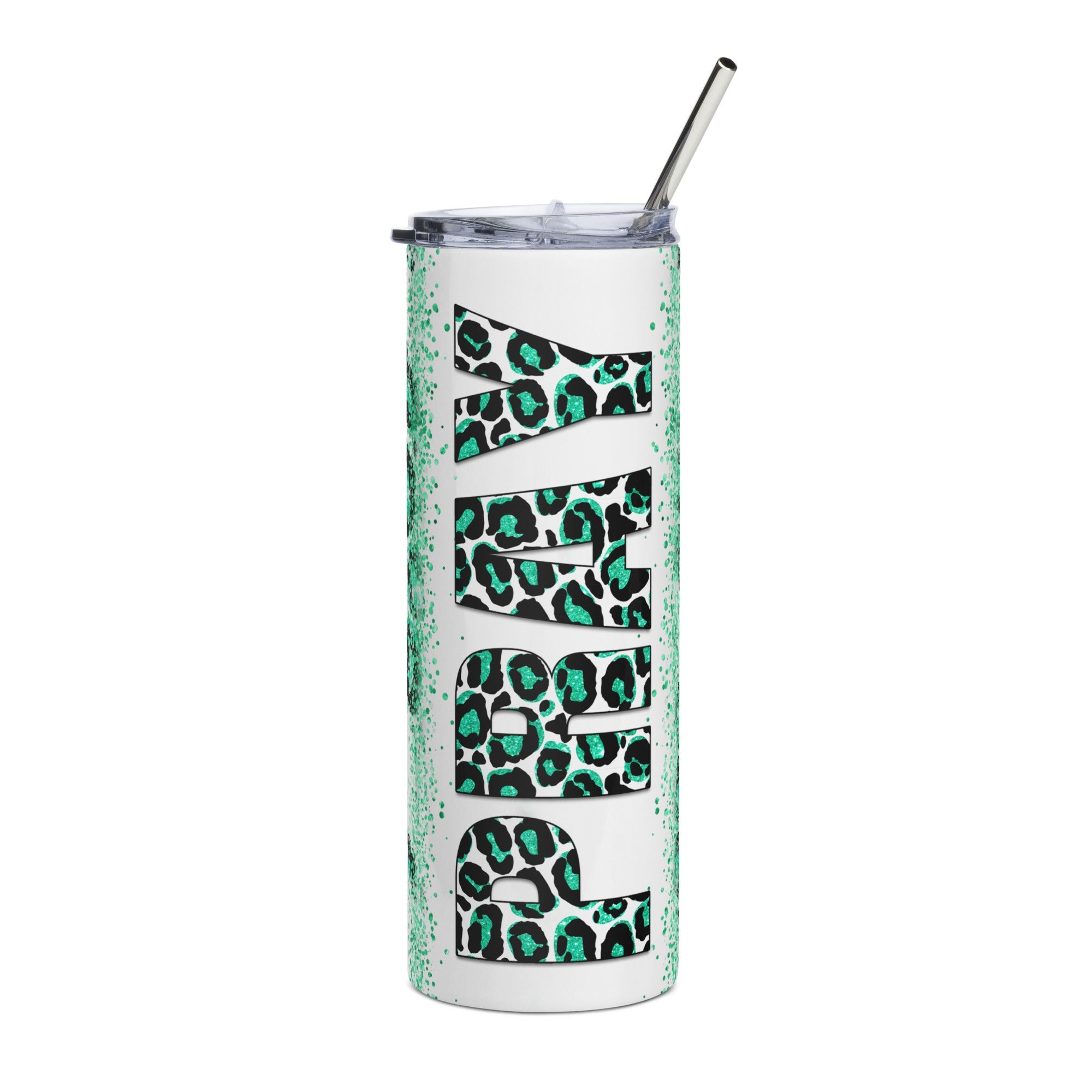 Green Pray Leopard Print Tumbler 20 oz - Stainless Steel Straw - Jesus Passion Apparel