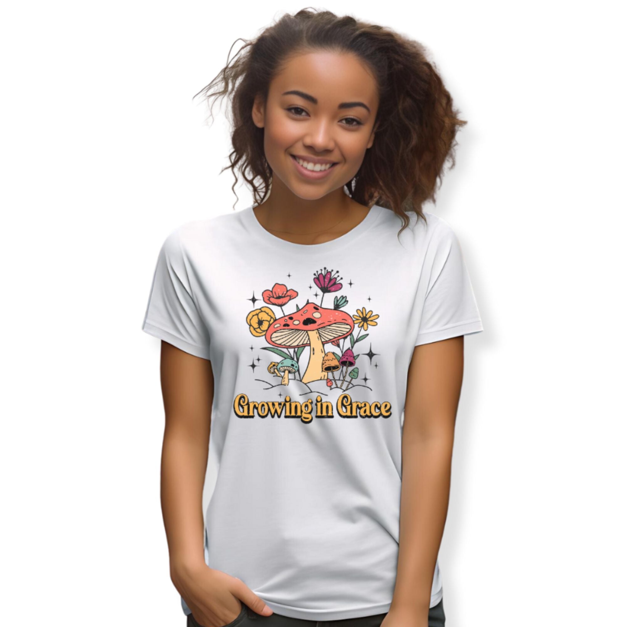 Growing in Grace Cute Mushroom Jersey Short Sleeve T-Shirt Color: Athletic Heather Size: XS Jesus Passion Apparel