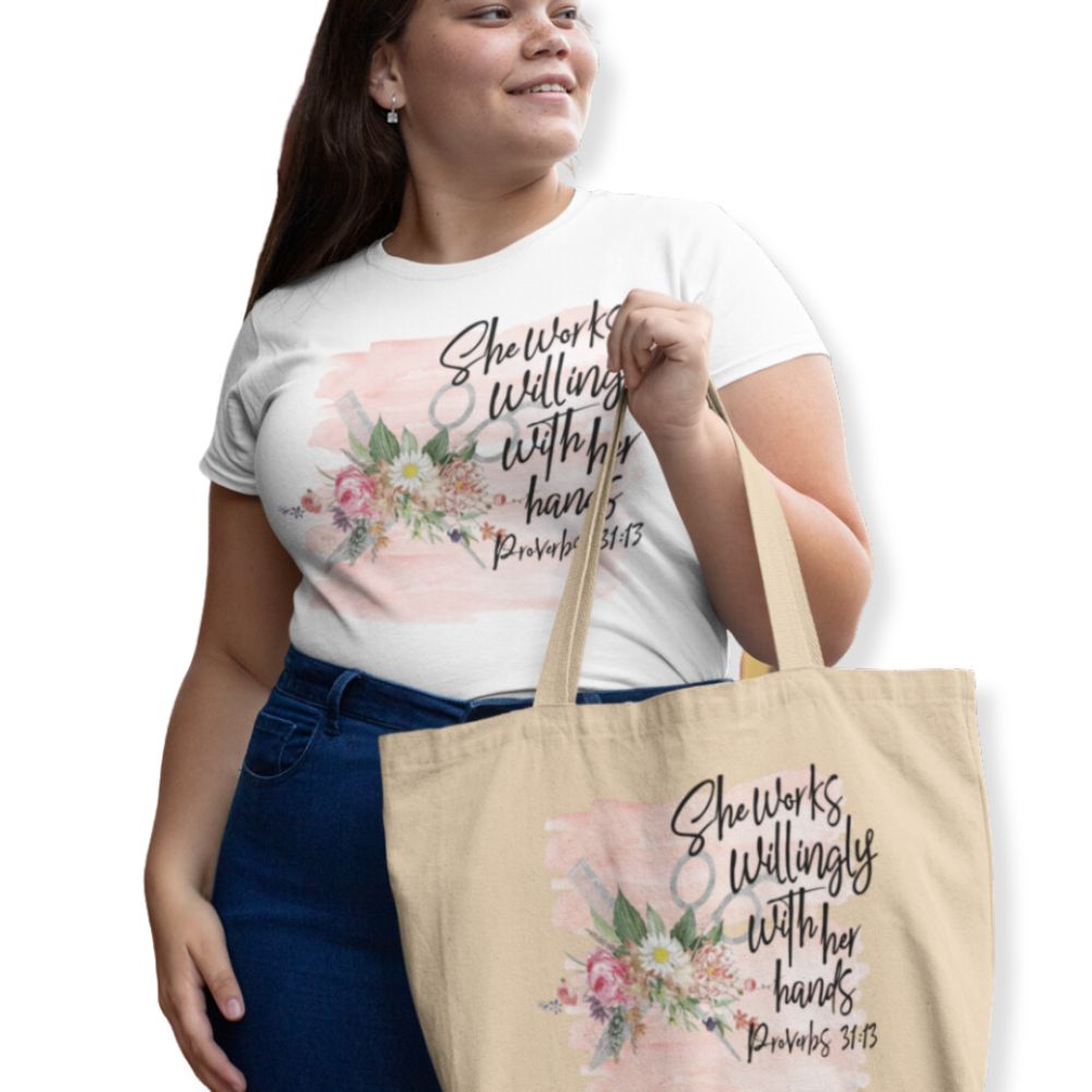 Hair Stylist - She Words Willingly Relaxed T-Shirt - Matching Tote Available - Jesus Passion Apparel