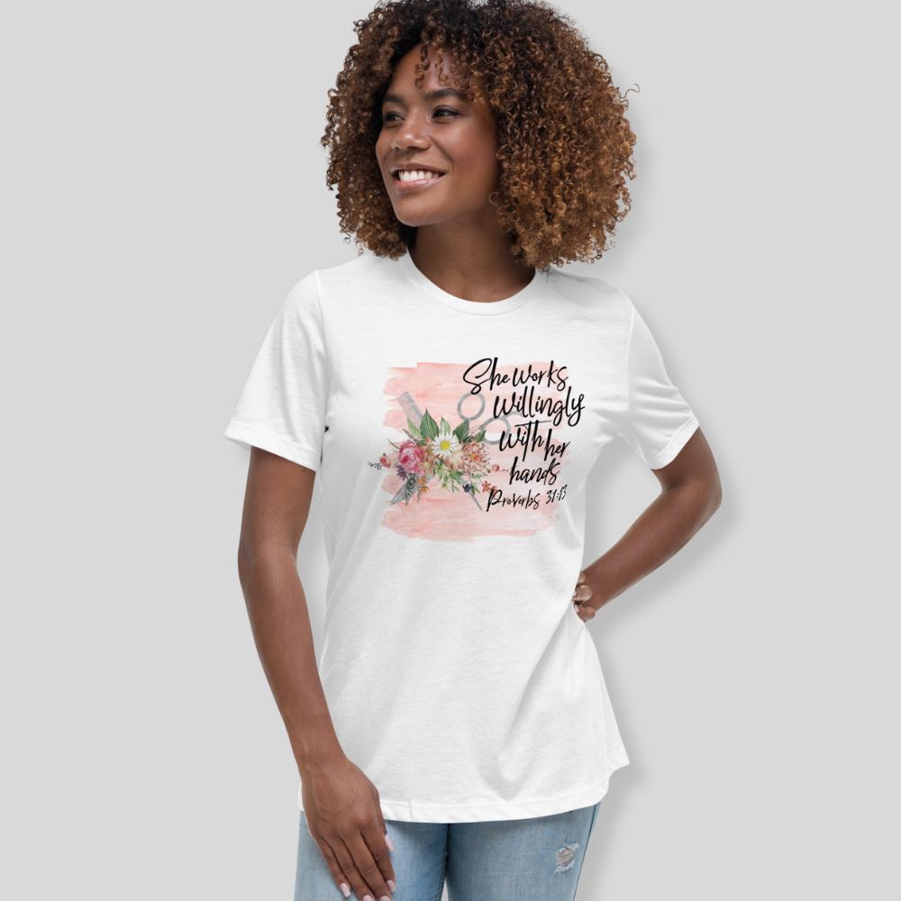 Hair Stylist - She Words Willingly Relaxed T-Shirt - Matching Tote Available Size: S Jesus Passion Apparel