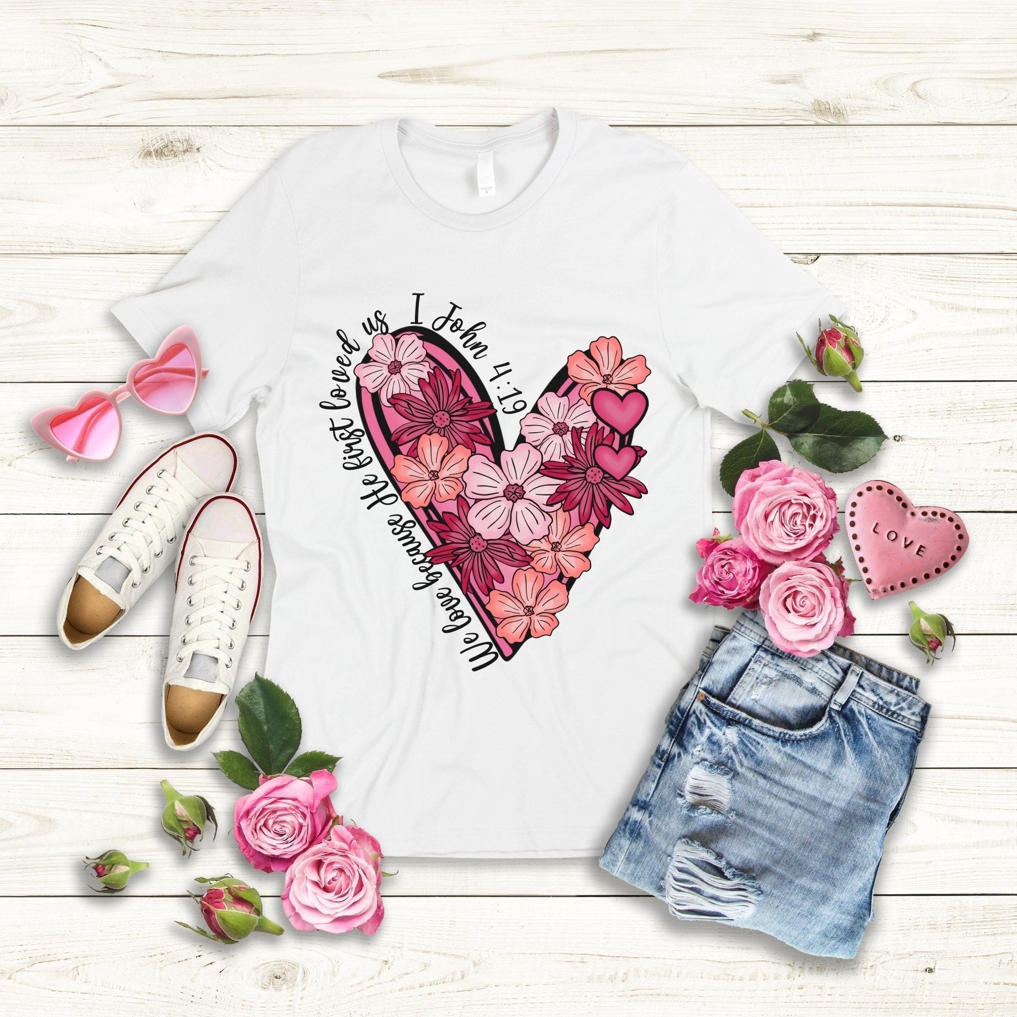 He Loved First Flower Heart Unisex Jersey Short Sleeve Tee - White - Jesus Passion Apparel