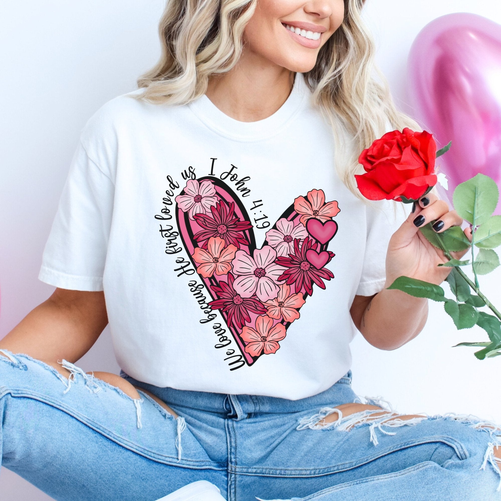 He Loved First Flower Heart Unisex Jersey Short Sleeve Tee - White - Jesus Passion Apparel