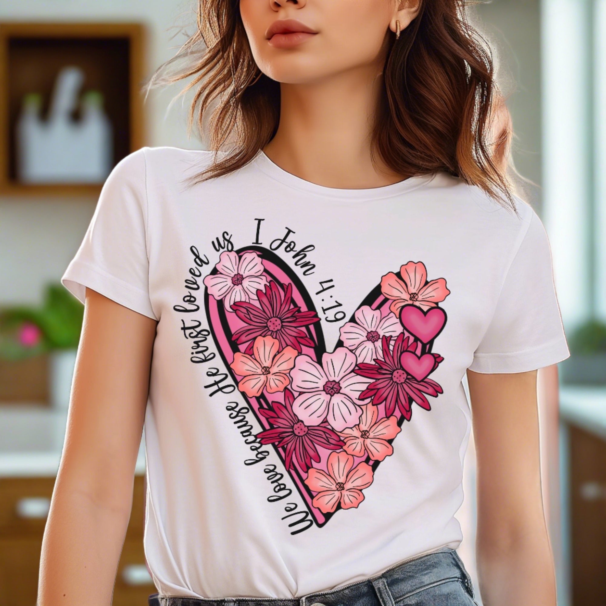 He Loved First Flower Heart Unisex Jersey Short Sleeve Tee - White - Jesus Passion Apparel