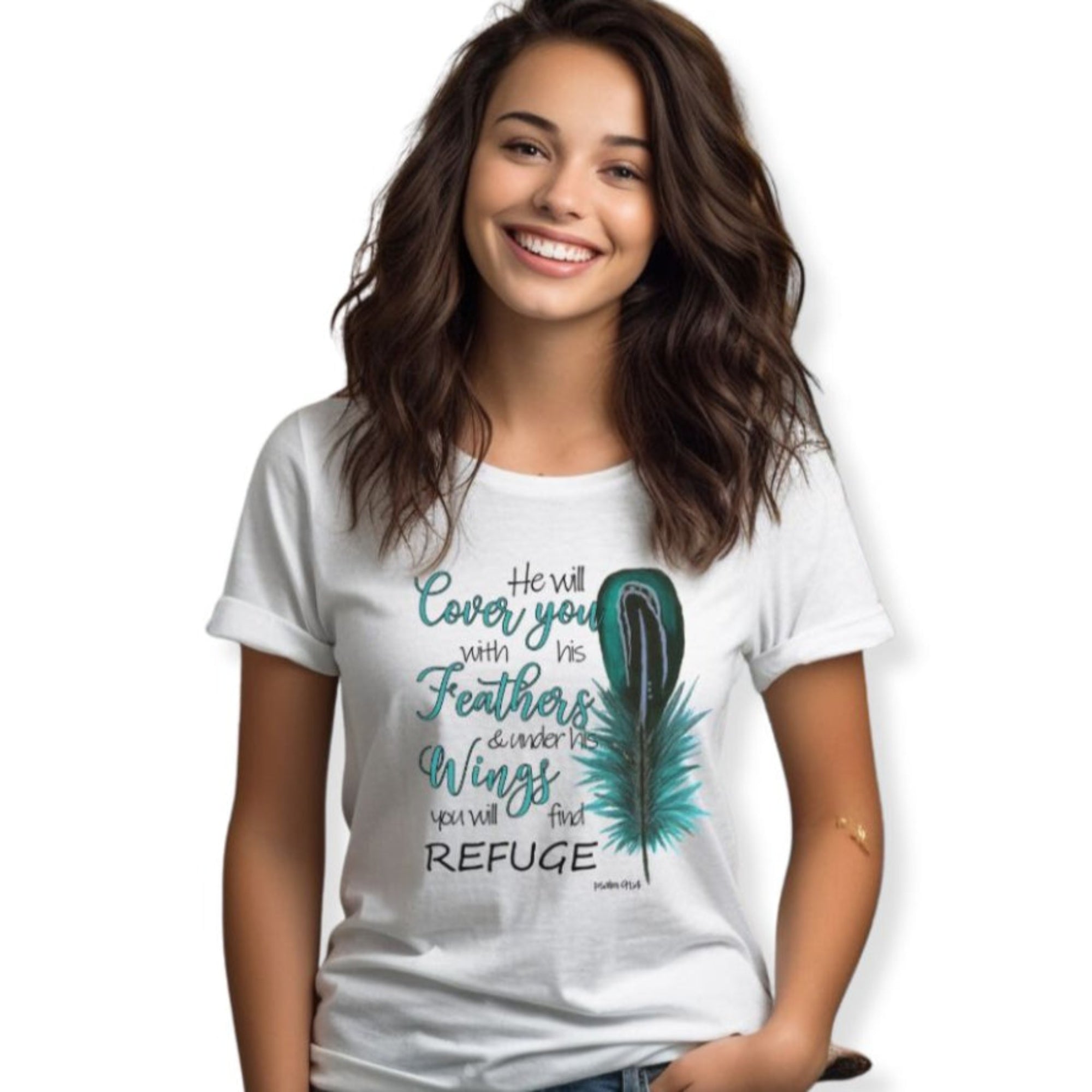 He Will Cover You Feathers Turquois Jersey Short Sleeve T-Shirt - Jesus Passion Apparel