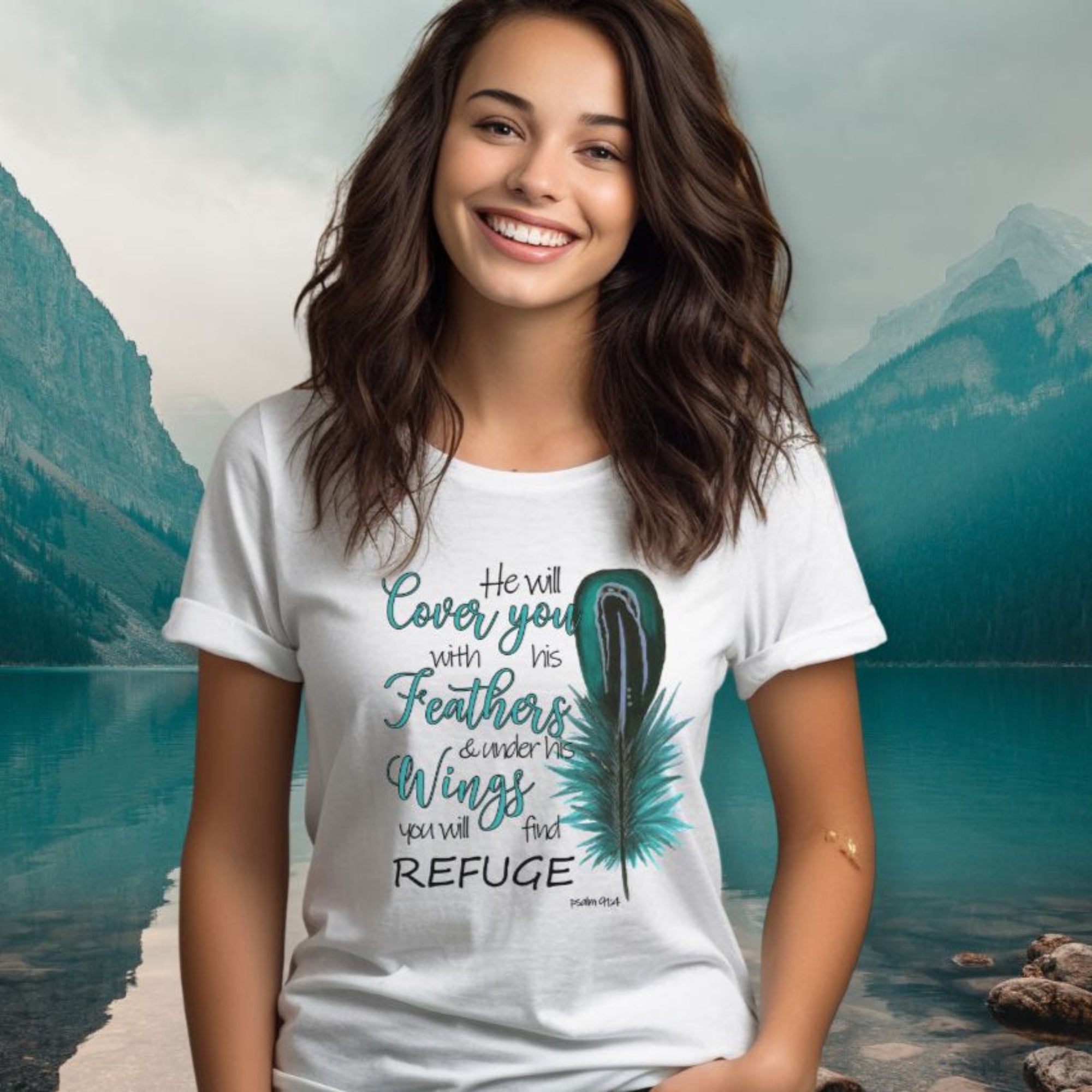 He Will Cover You Feathers Turquois Jersey Short Sleeve T-Shirt - Jesus Passion Apparel