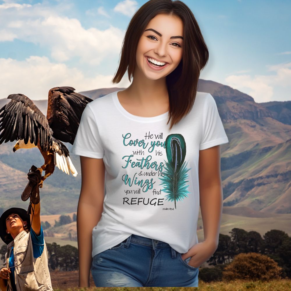 He Will Cover You Feathers Turquois Jersey Short Sleeve T-Shirt - Jesus Passion Apparel