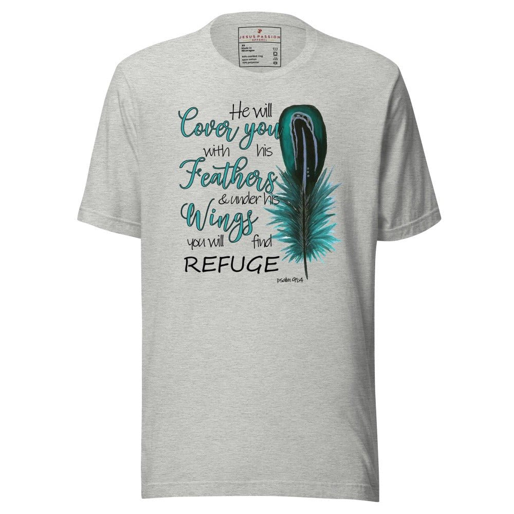 He Will Cover You Feathers Turquois Jersey Short Sleeve T-Shirt - Jesus Passion Apparel