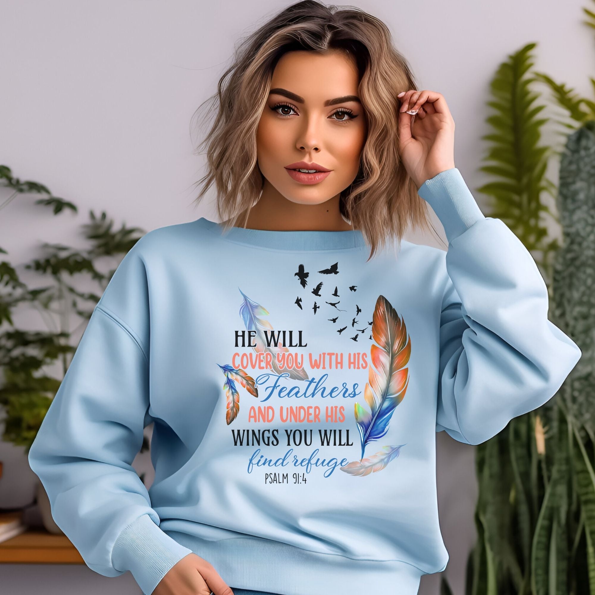 He Will Cover you with Feathers Women's Fleece Unisex - Fit Sweatshirt Light Blue / White - Jesus Passion Apparel