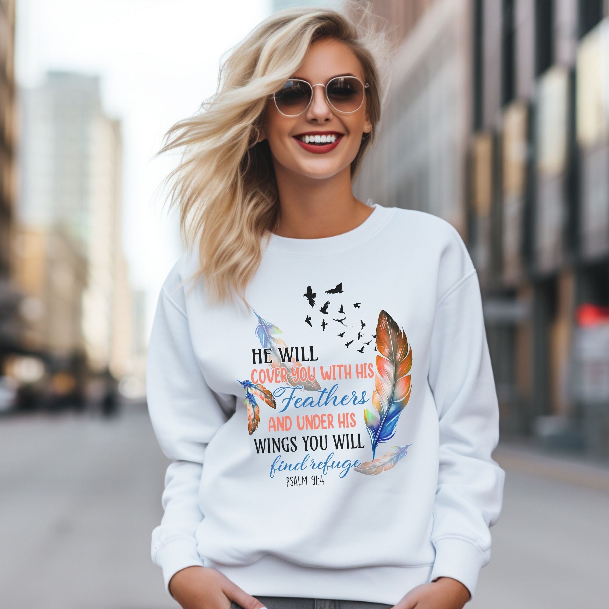 He Will Cover you with Feathers Women's Fleece Unisex - Fit Sweatshirt Light Blue / White - Jesus Passion Apparel