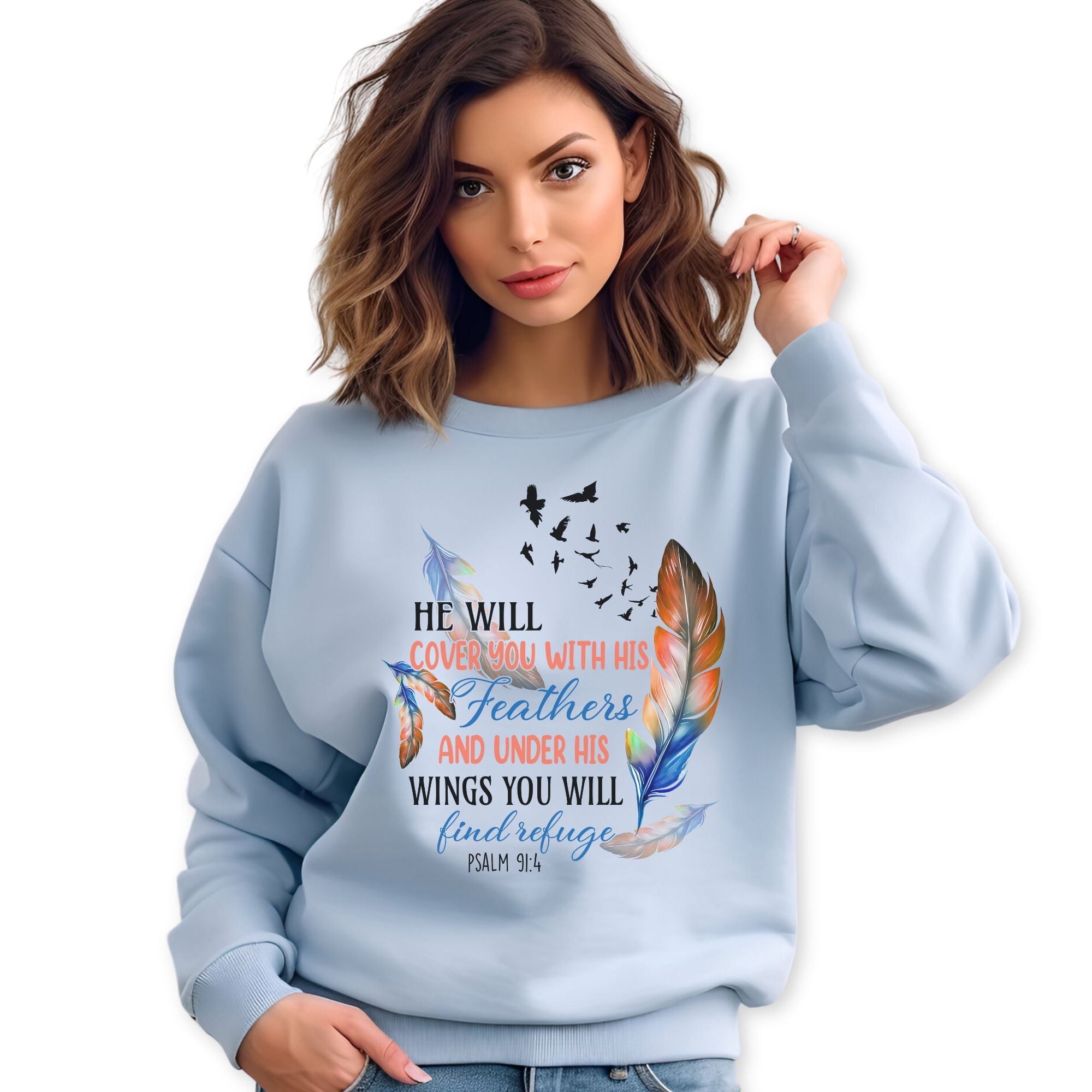 He Will Cover you with Feathers Women's Fleece Unisex - Fit Sweatshirt Light Blue / White - Jesus Passion Apparel