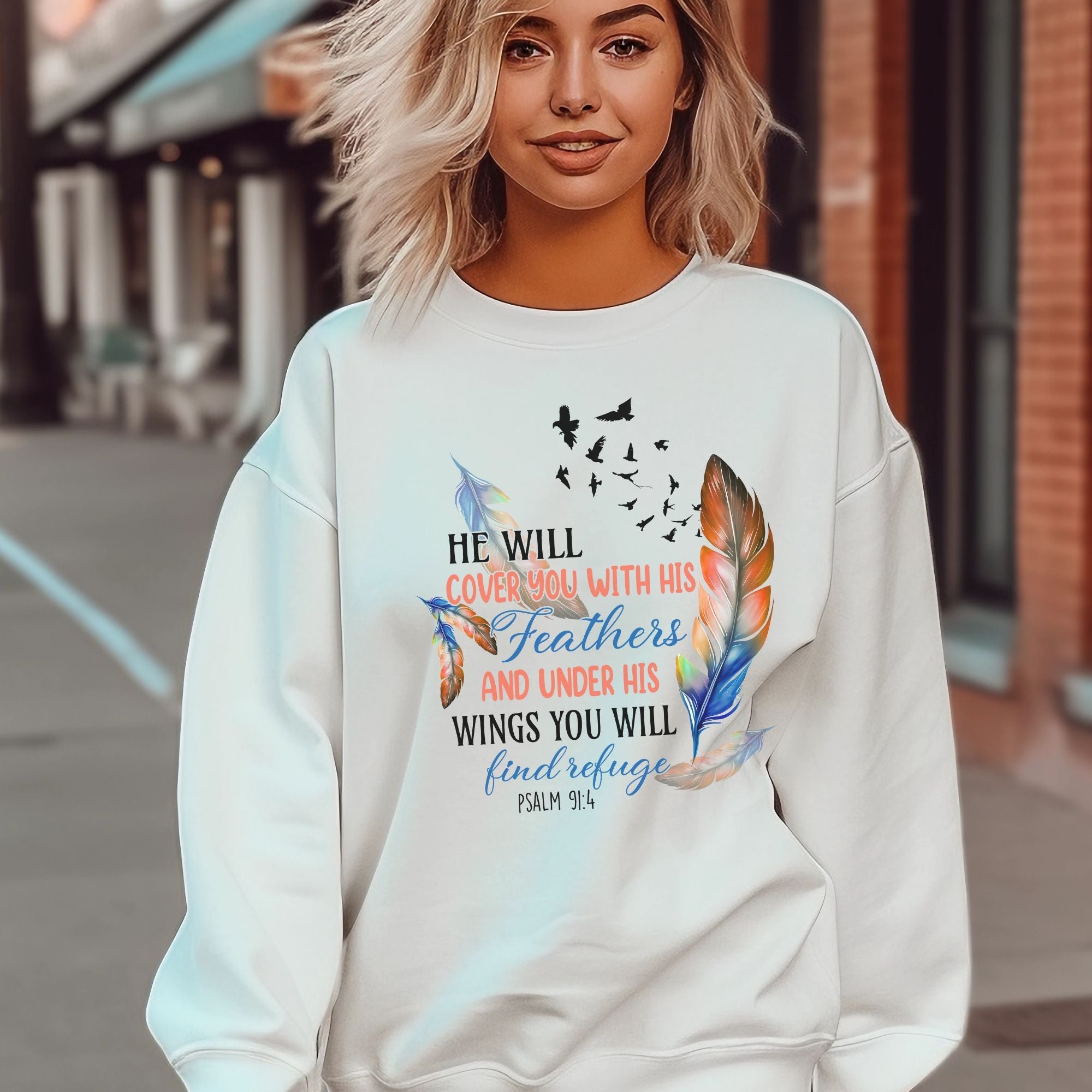 He Will Cover you with Feathers Women's Fleece Unisex - Fit Sweatshirt Light Blue / White - Jesus Passion Apparel