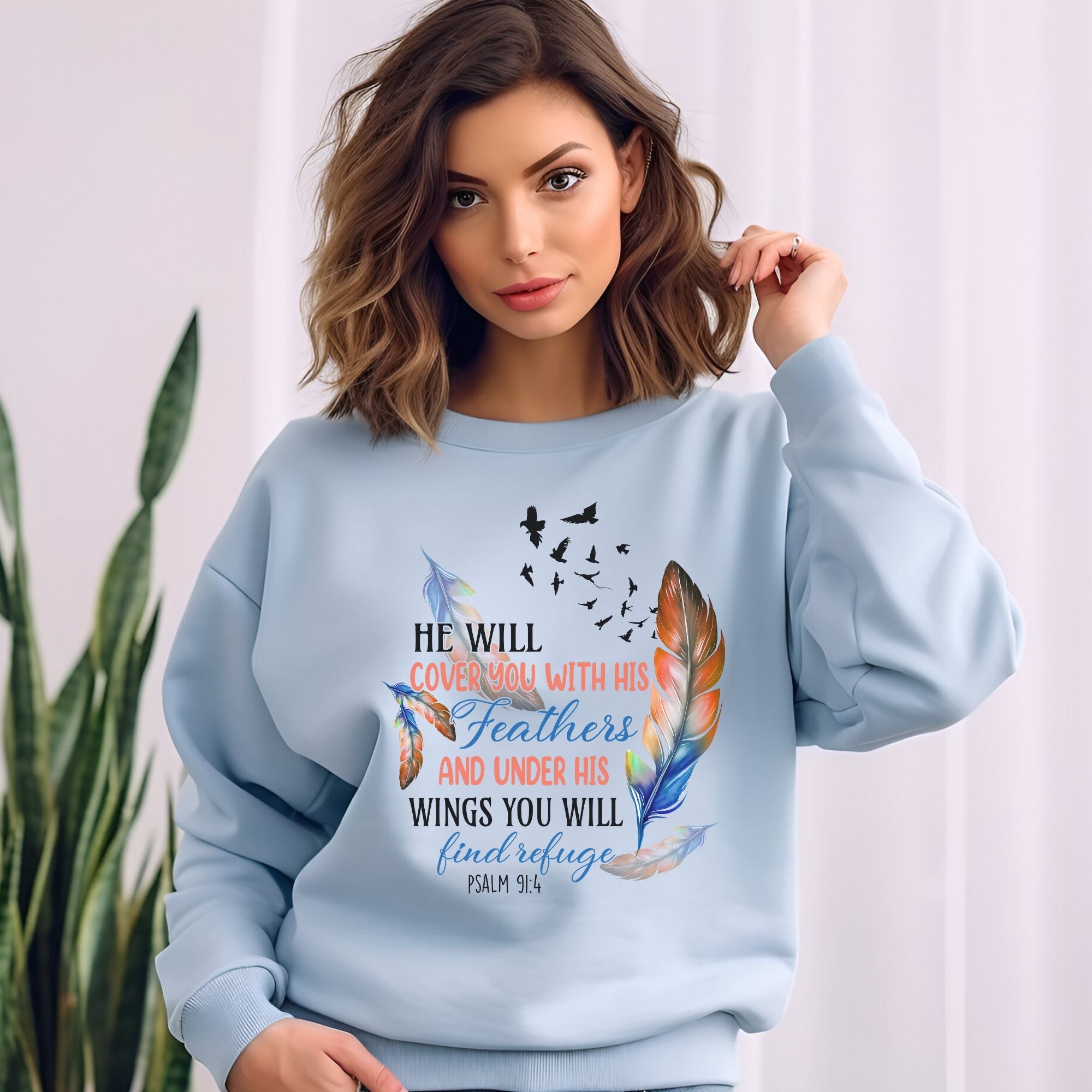 He Will Cover you with Feathers Women's Fleece Unisex - Fit Sweatshirt Light Blue / White - Jesus Passion Apparel