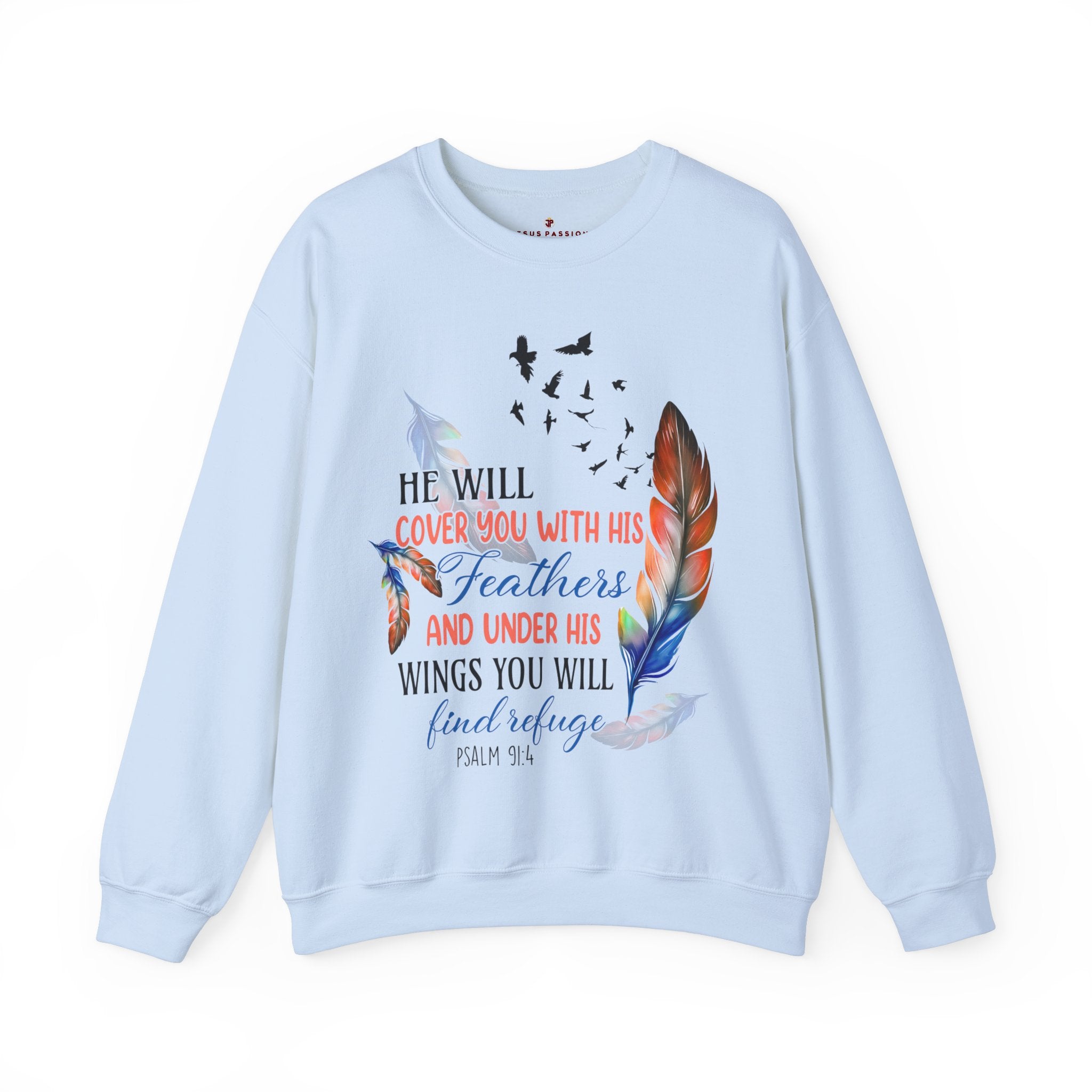 He Will Cover you with Feathers Women's Fleece Unisex - Fit Sweatshirt Light Blue / White - Jesus Passion Apparel