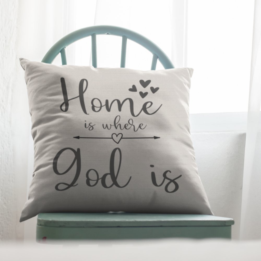 Home is Where God Is Script with Natural Linen Design Premium Pillows - Jesus Passion Apparel