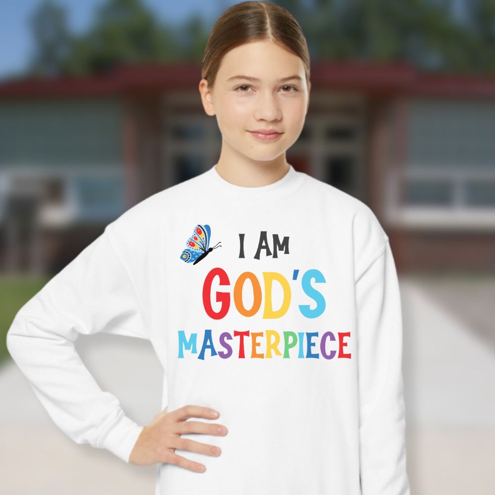 I Am God's Masterpiece Youth Crewneck Sweatshirt - Jesus Passion Apparel