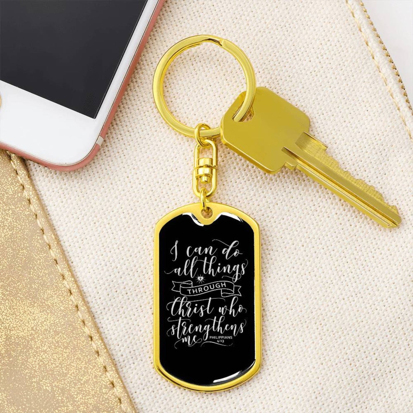 I Can Do All Things - Gold Dog Tag with Swivel Keychain - Jesus Passion Apparel