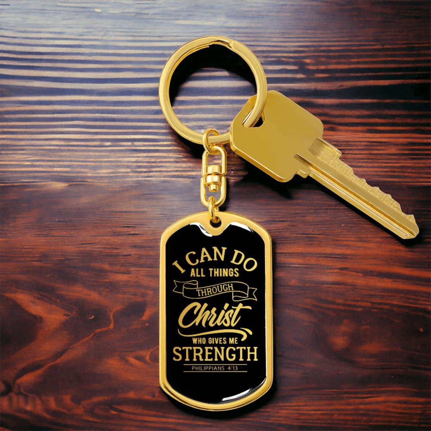 I Can Do All Things Through Christ - Gold Dog Tag with Swivel Keychain - Jesus Passion Apparel