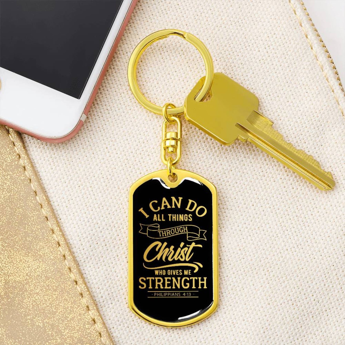 I Can Do All Things Through Christ - Gold Dog Tag with Swivel Keychain - Jesus Passion Apparel