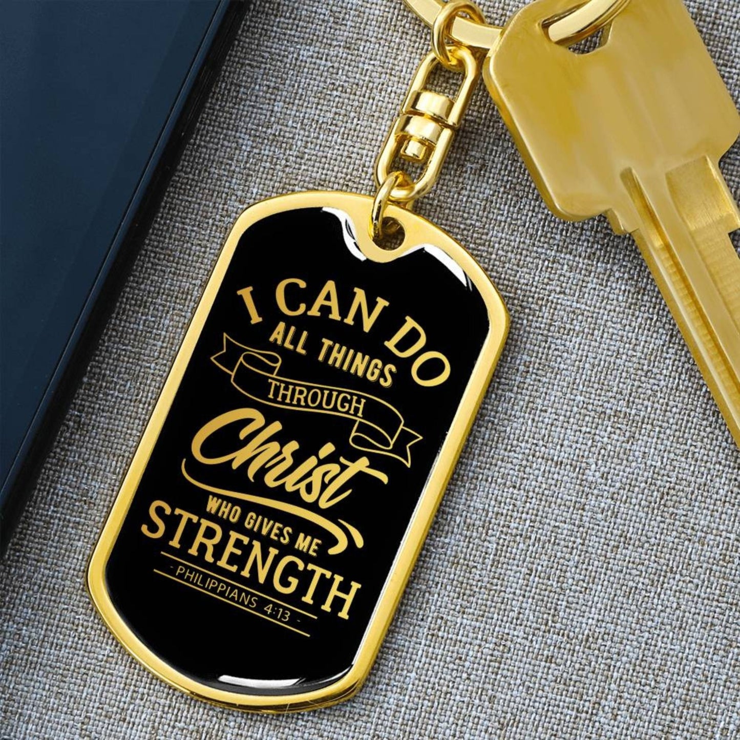 I Can Do All Things Through Christ - Gold Dog Tag with Swivel Keychain - Jesus Passion Apparel