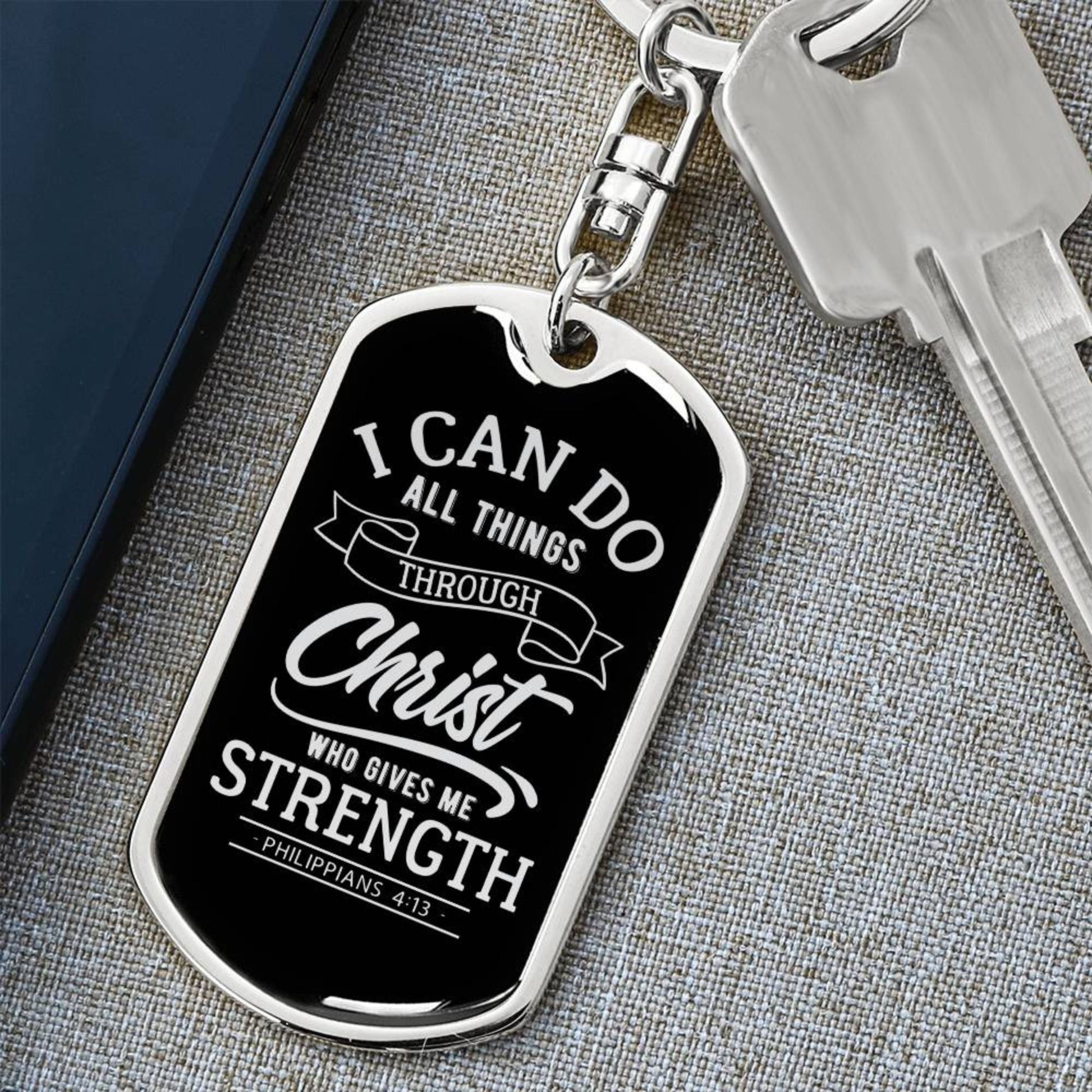 I Can Do All Things Through Christ - Silver Dog Tag with Swivel Keychain - Jesus Passion Apparel