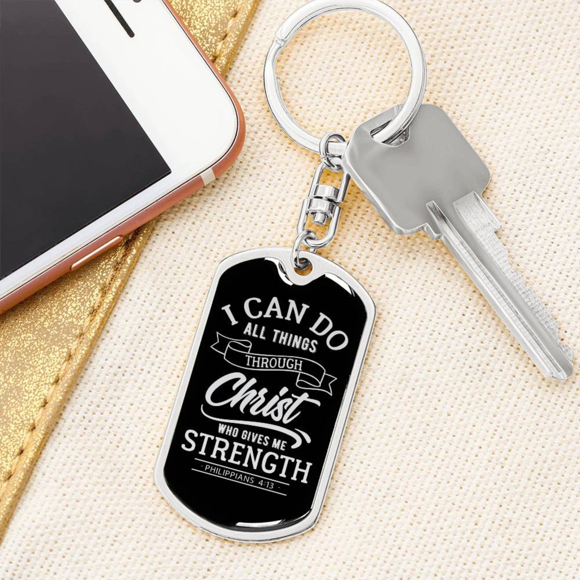 I Can Do All Things Through Christ - Silver Dog Tag with Swivel Keychain - Jesus Passion Apparel