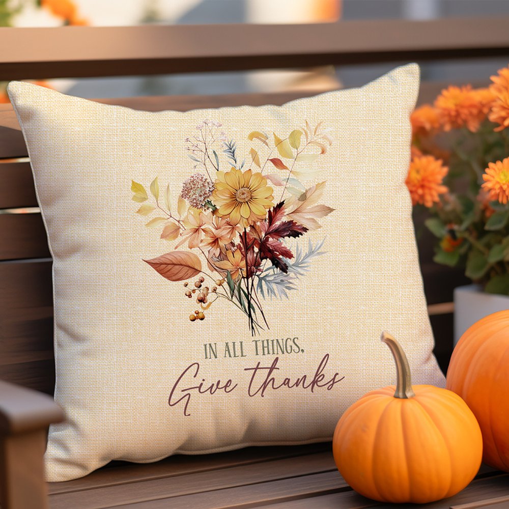 In All Give Thanks Wildflowers on a Butter Linen Background Spun Polyester Square Pillow - Jesus Passion Apparel