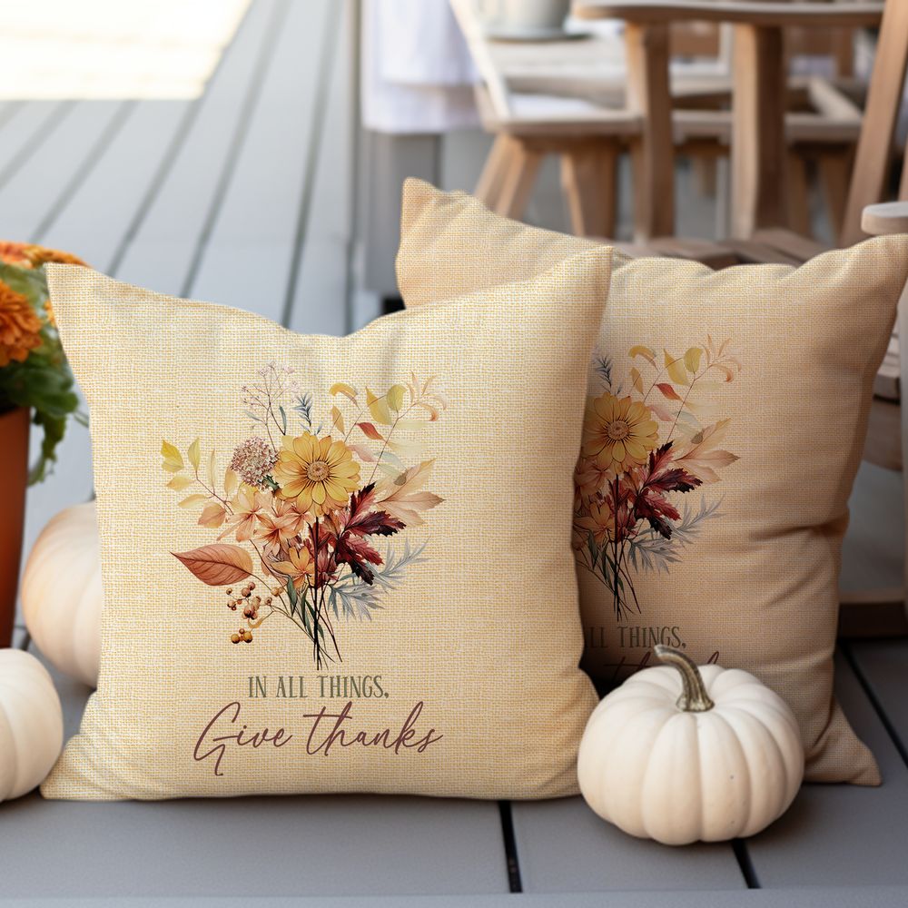 In All Give Thanks Wildflowers on a Butter Linen Background Spun Polyester Square Pillow - Jesus Passion Apparel