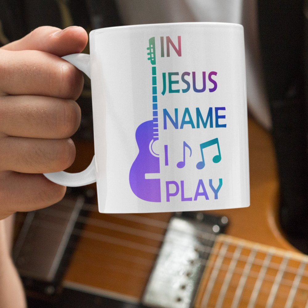 In Jesus Name I Play Acoustic Guitar - 15 oz Mug - Jesus Passion Apparel