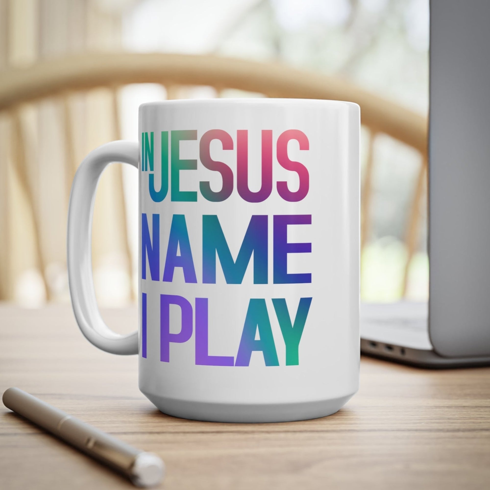 In Jesus Name I Play Drums Black 15 oz Mug - Jesus Passion Apparel