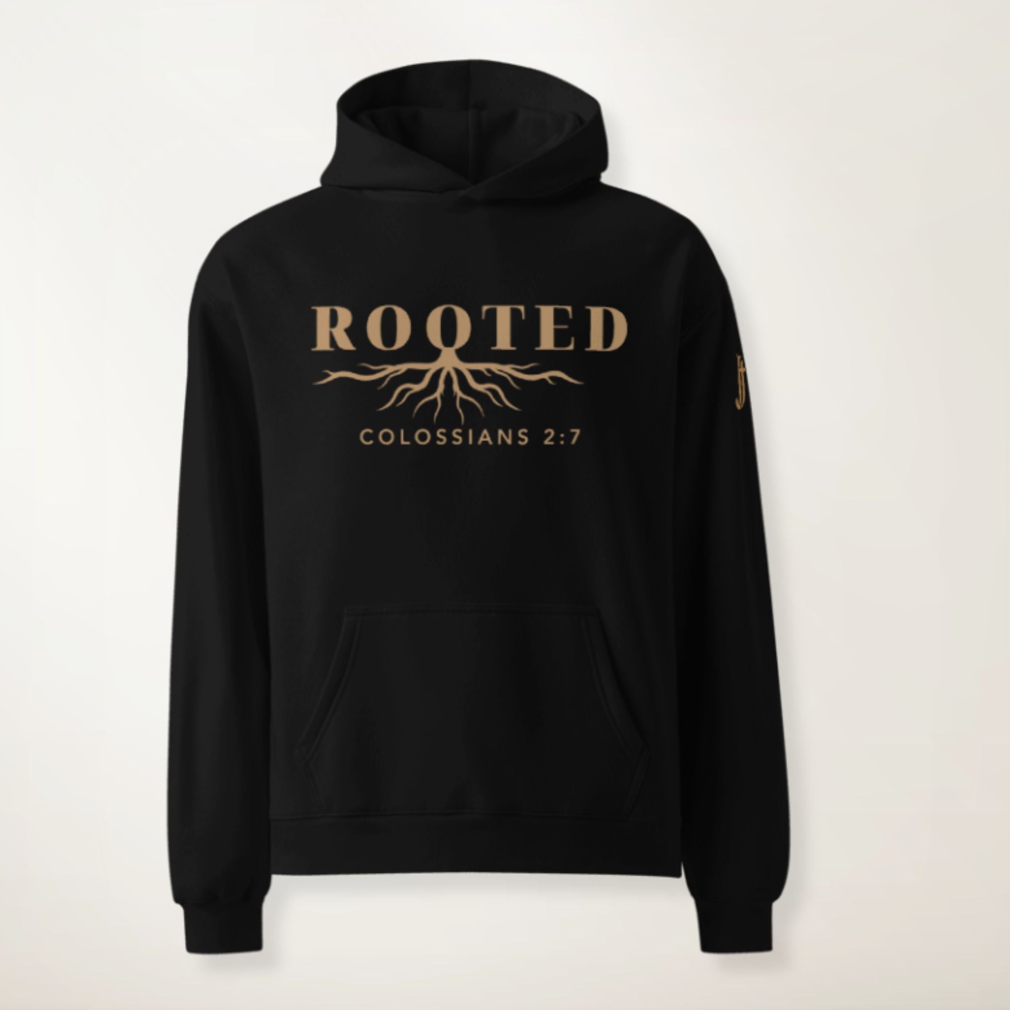 Black hoodie with 'Rooted' text and tree design on a white background