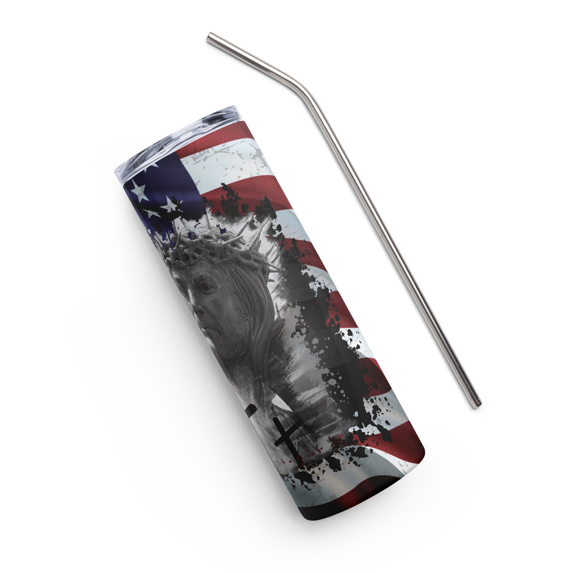 Jesus American Flag Cross Tumbler 20 oz - Stainless Steel Straw - Jesus Passion Apparel