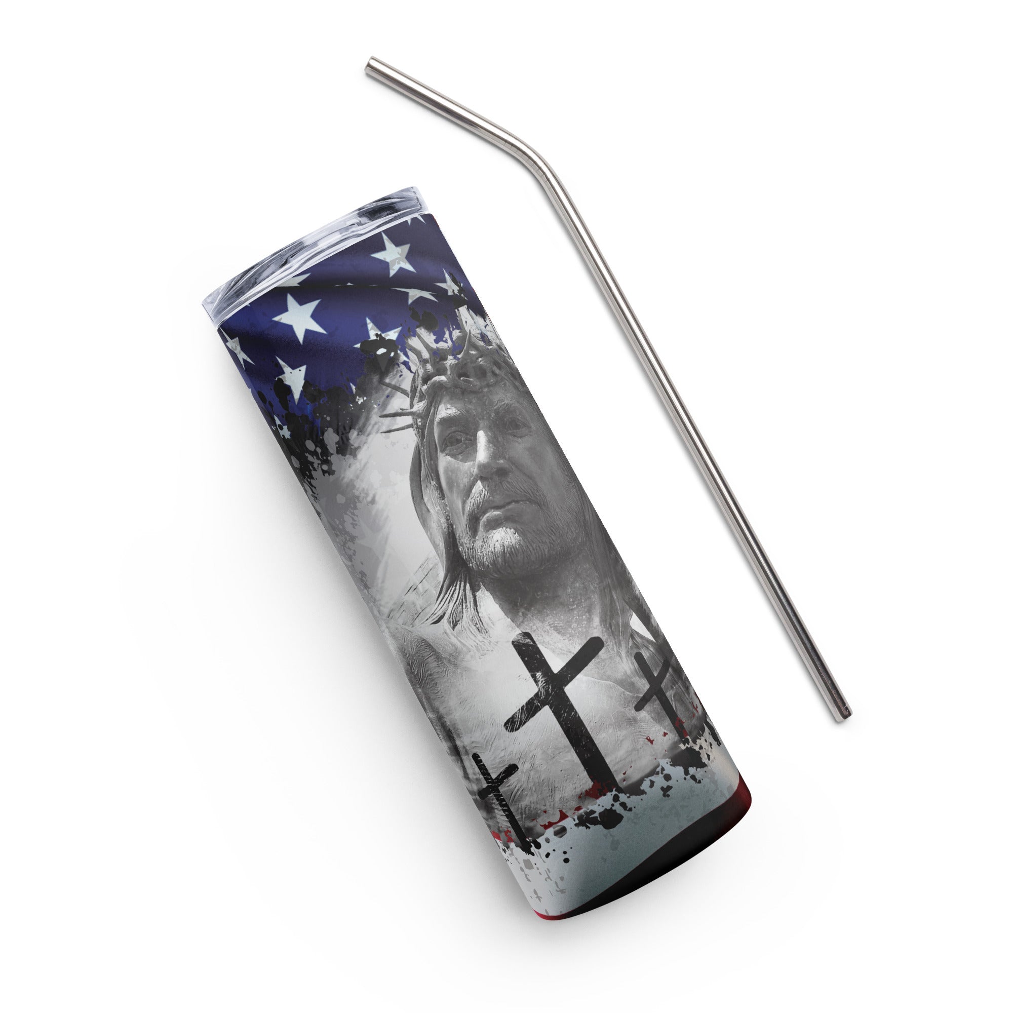 Jesus American Flag Cross Tumbler 20 oz - Stainless Steel Straw - Jesus Passion Apparel