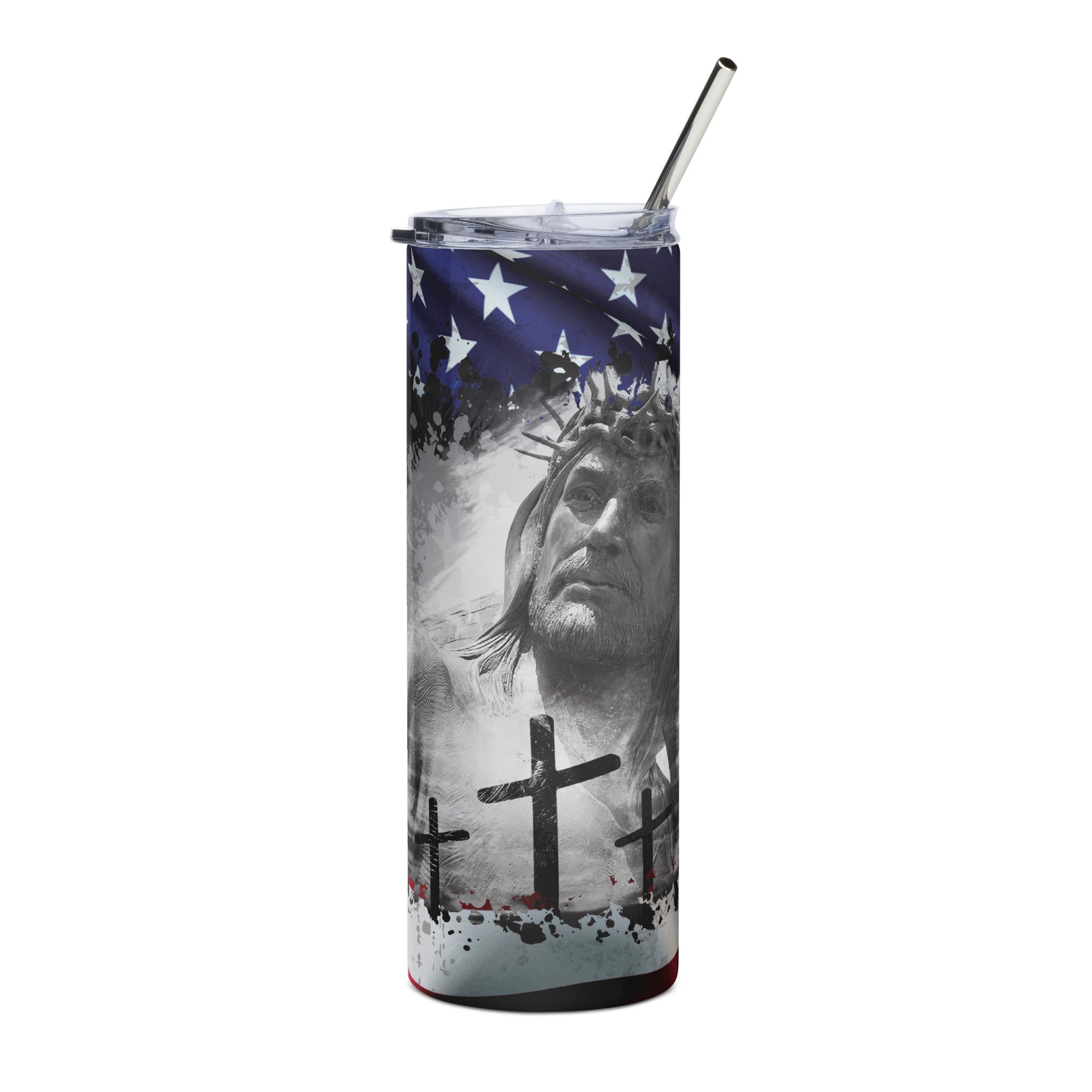 Jesus American Flag Cross Tumbler 20 oz - Stainless Steel Straw - Jesus Passion Apparel