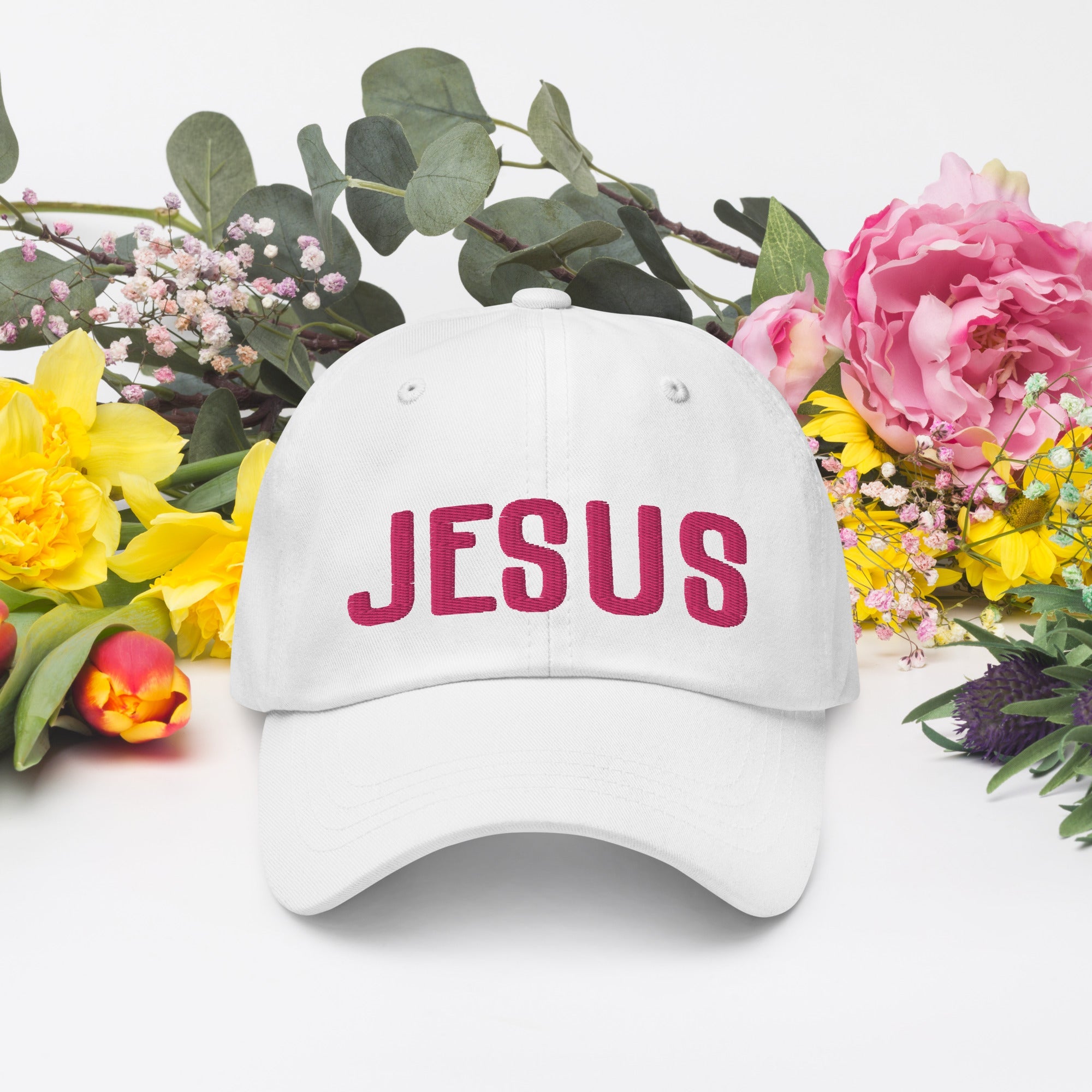 Jesus Classic Dad's Cap - White with Pink Embroidery - Jesus Passion Apparel