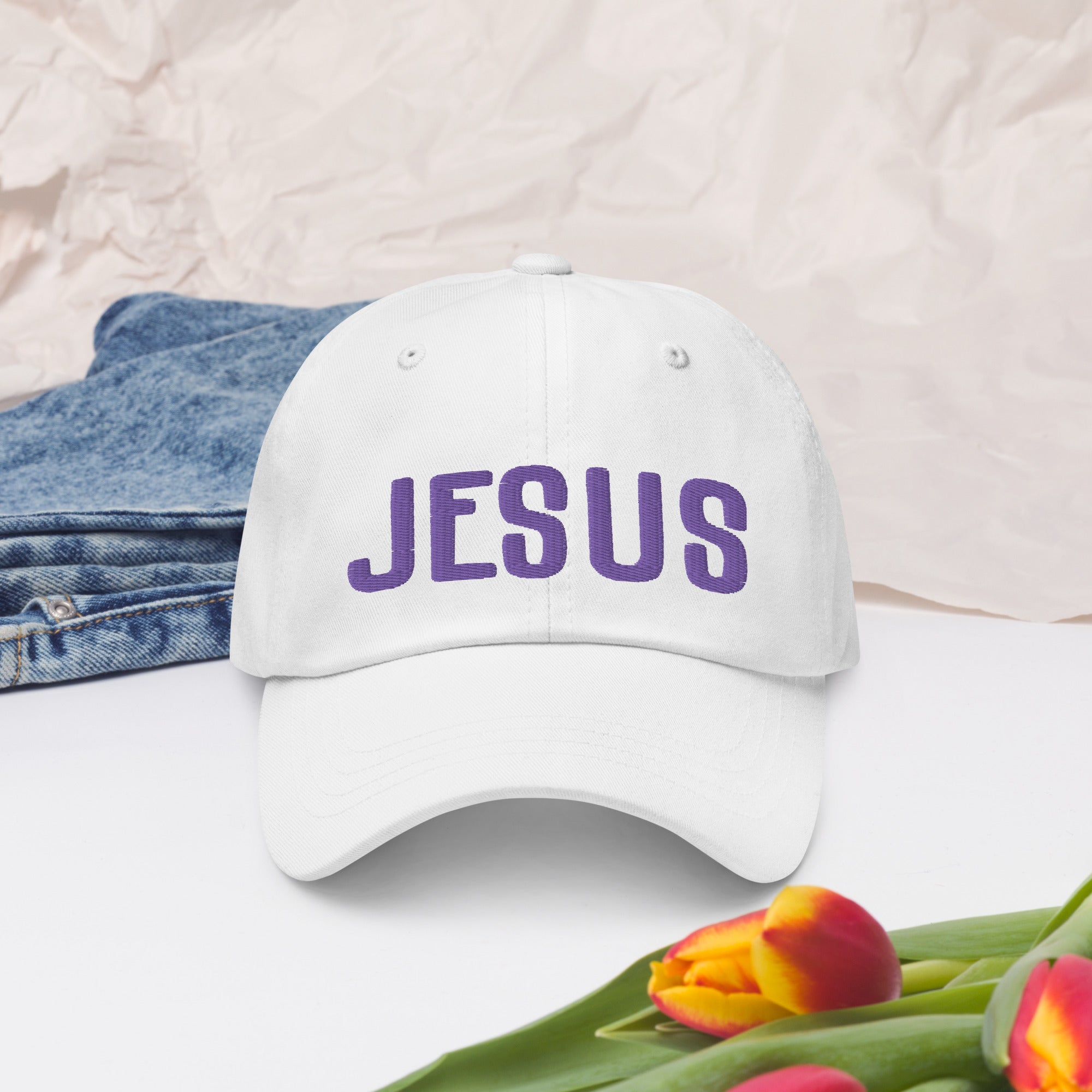 Jesus Classic Dad's Cap - White with Purple Embroidery - Jesus Passion Apparel