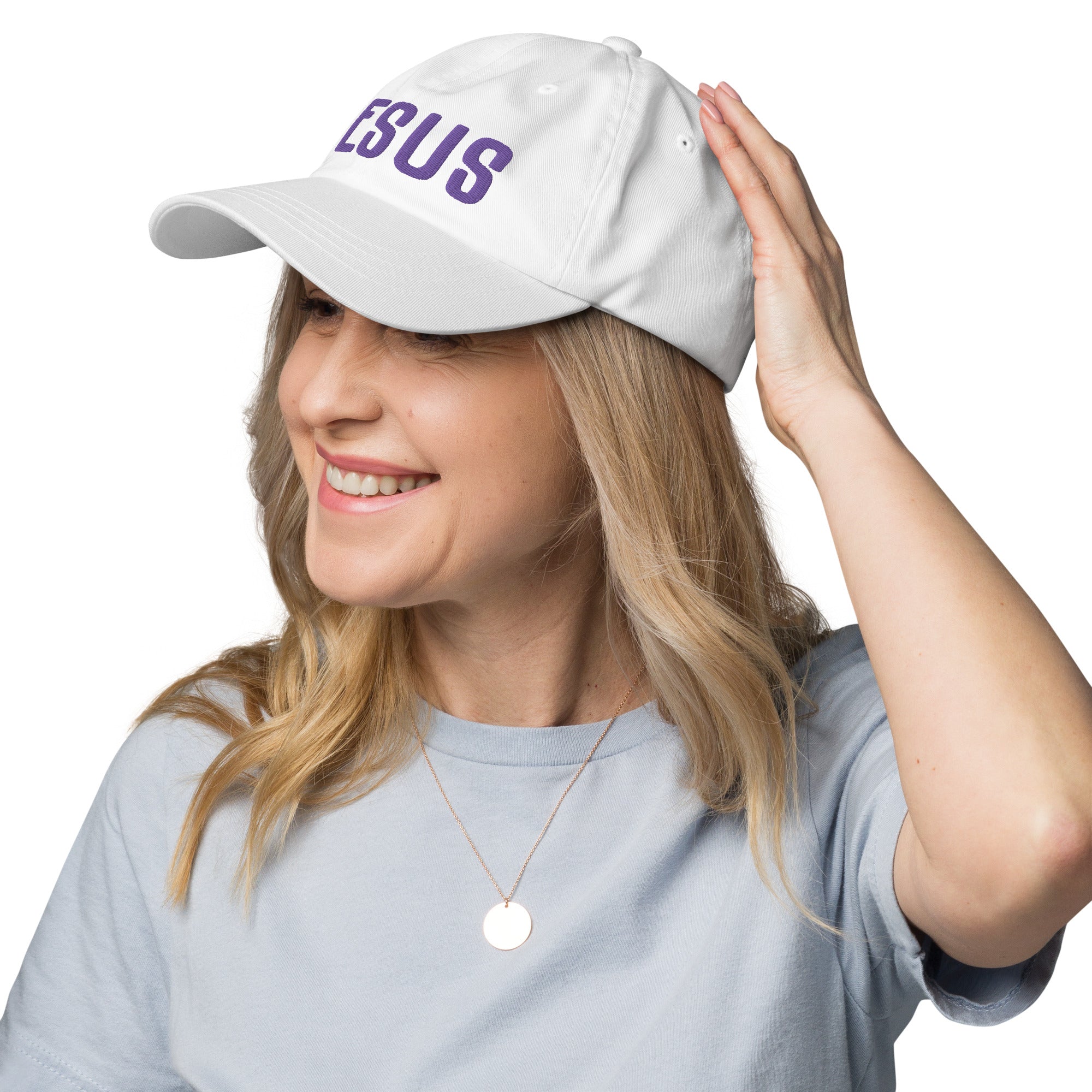 Jesus Classic Dad's Cap - White with Purple Embroidery - Jesus Passion Apparel