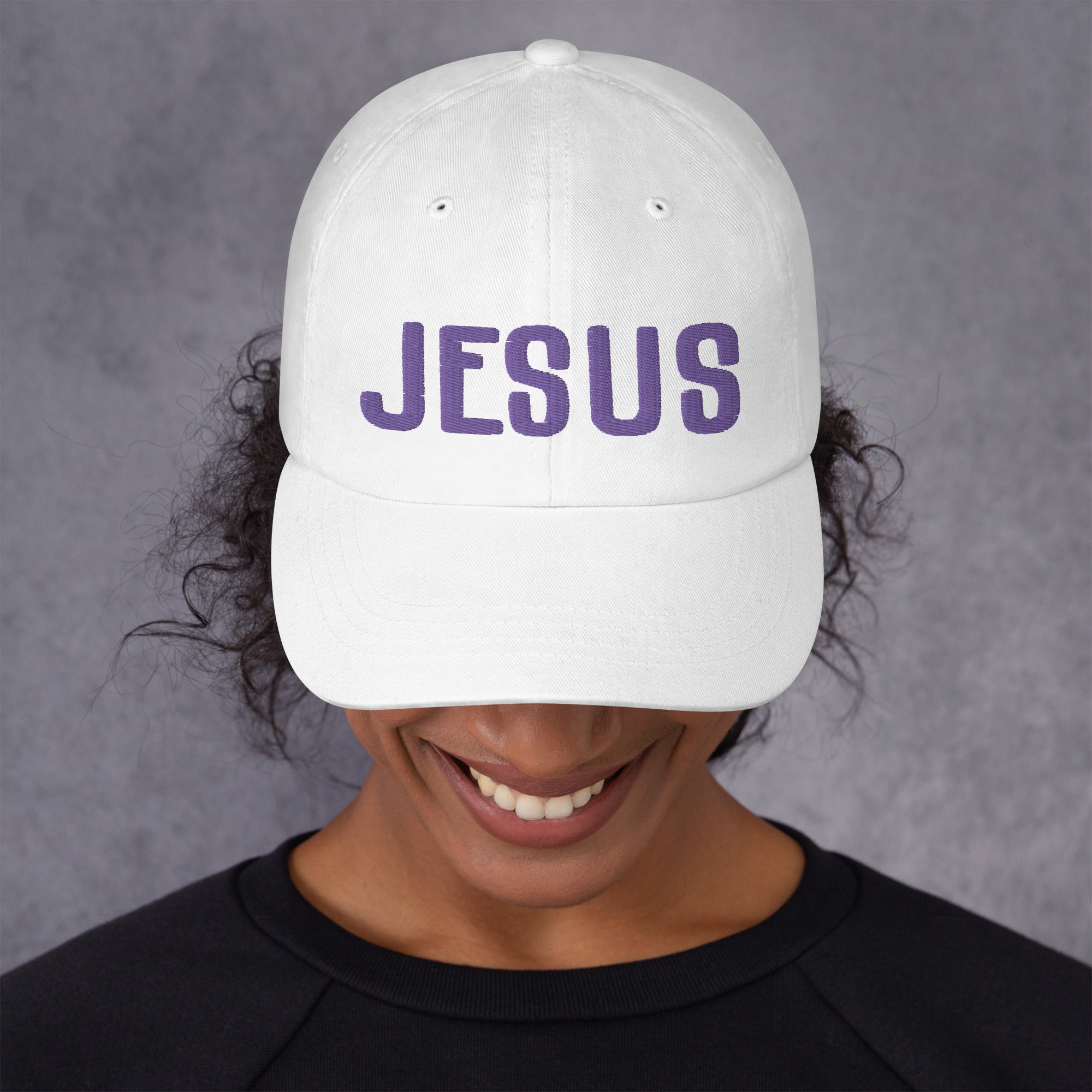 Jesus Classic Dad's Cap - White with Purple Embroidery - Jesus Passion Apparel