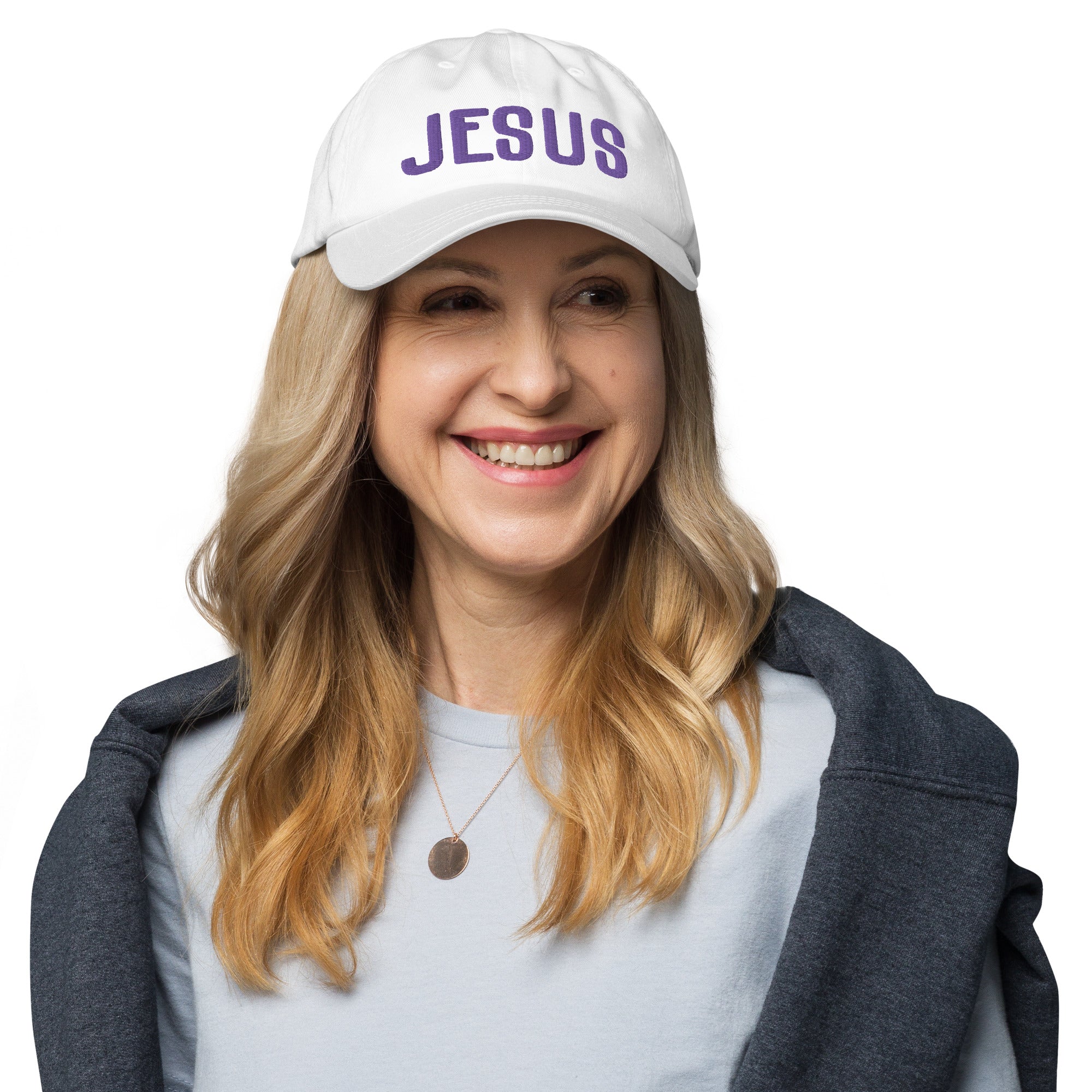 Jesus Classic Dad's Cap - White with Purple Embroidery - Jesus Passion Apparel